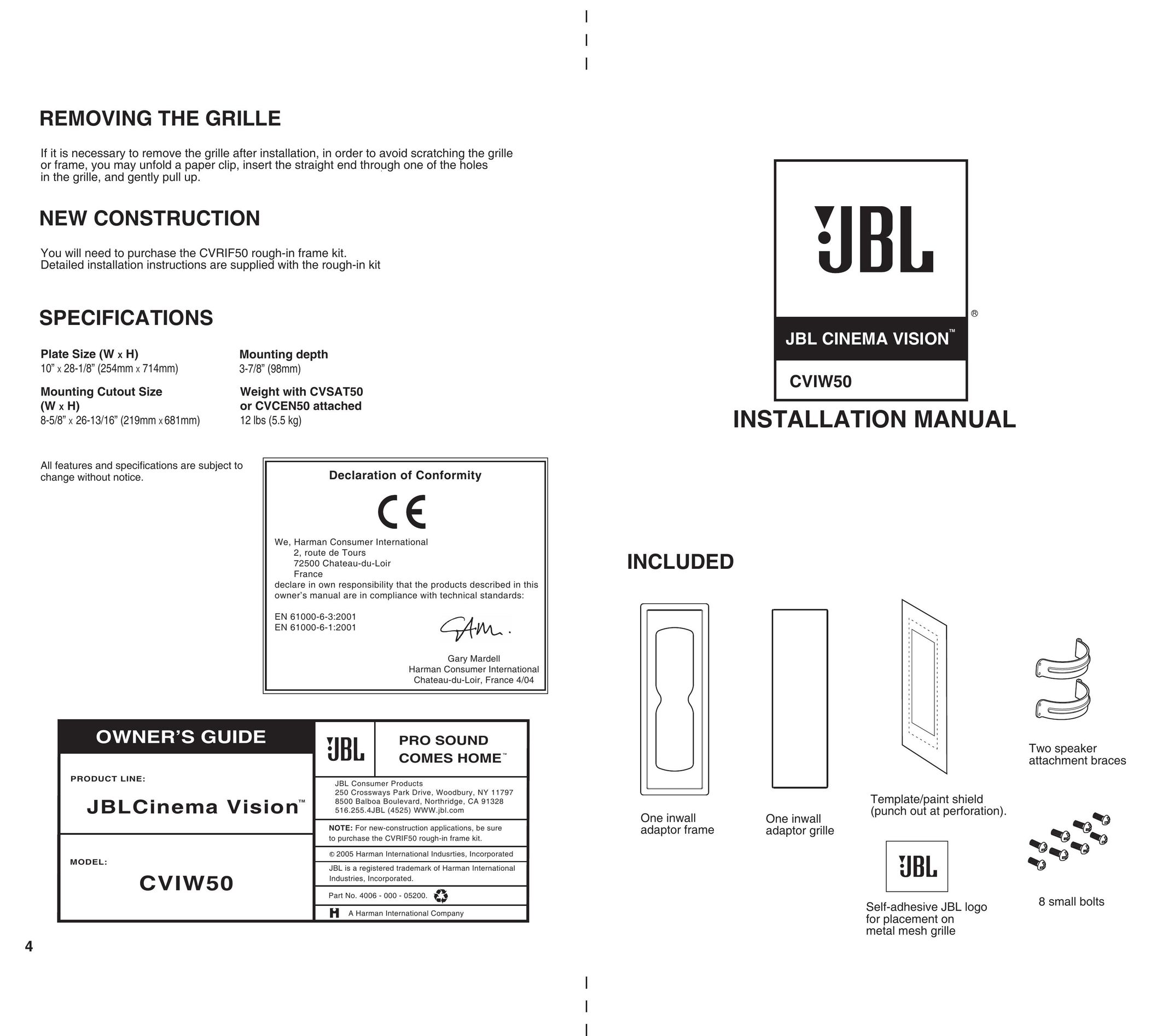 JBL CVIW50 Speaker System User Manual