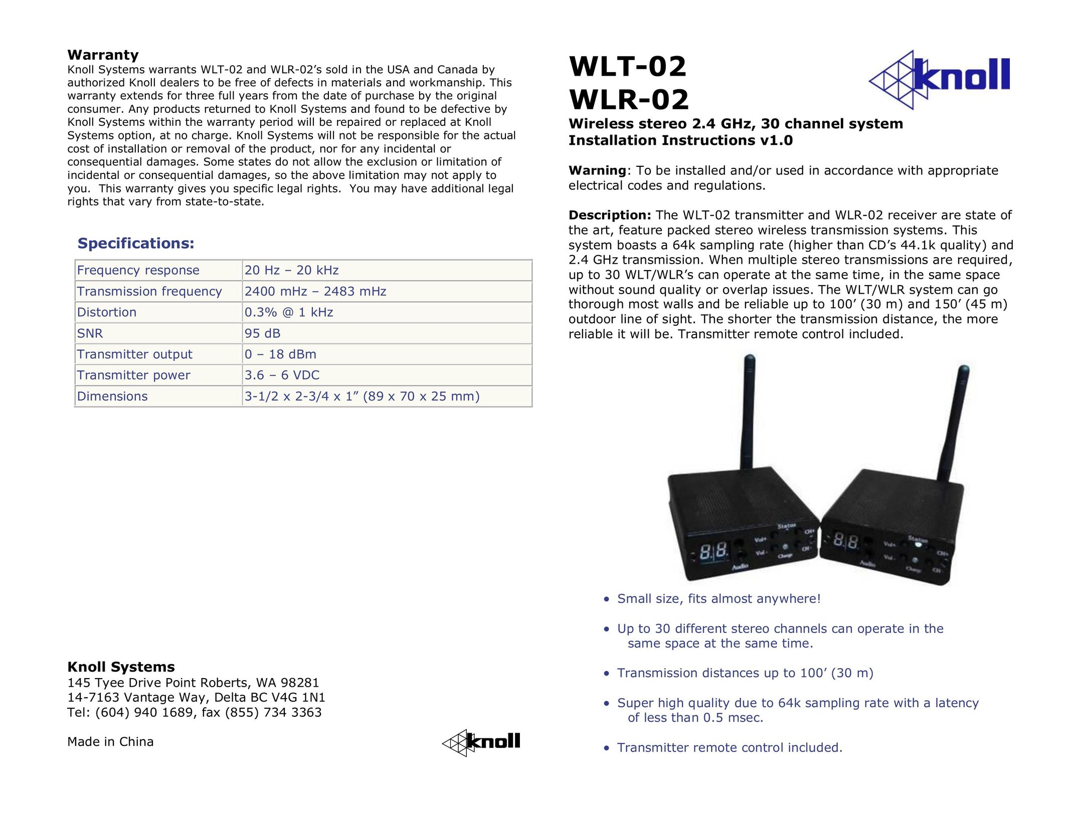 Knoll Systems WLT-02 Speaker System User Manual