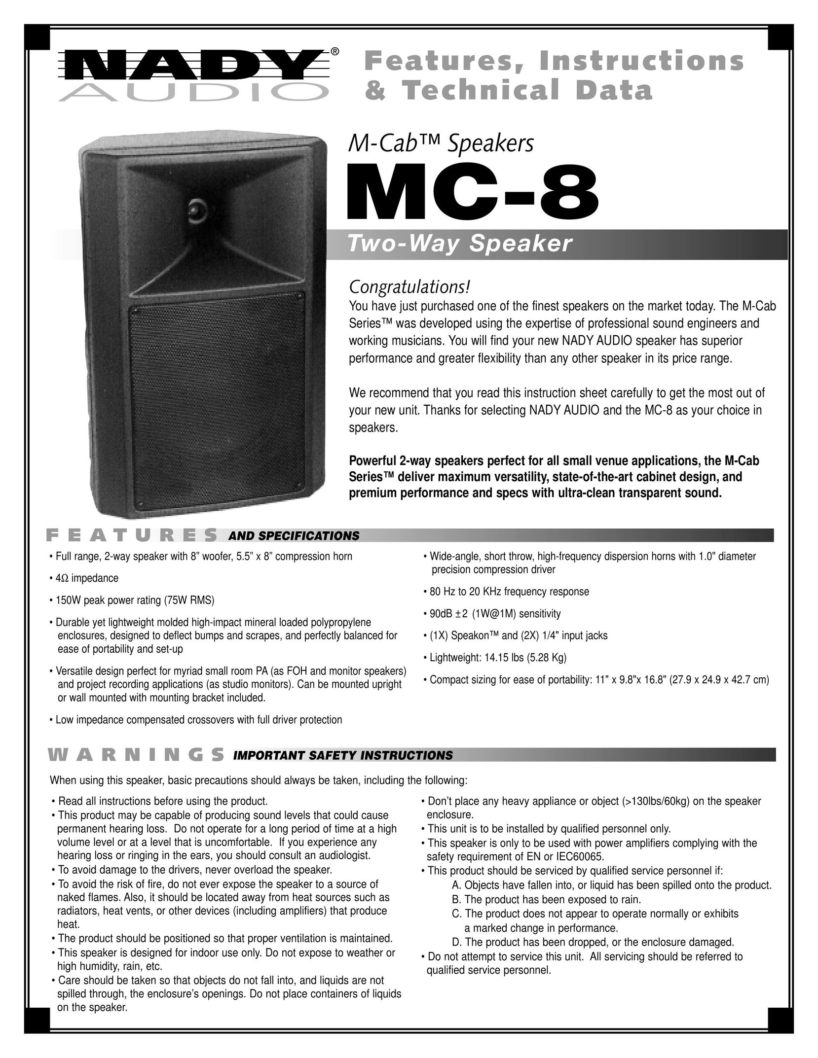 Nady Systems MC-8 Speaker System User Manual