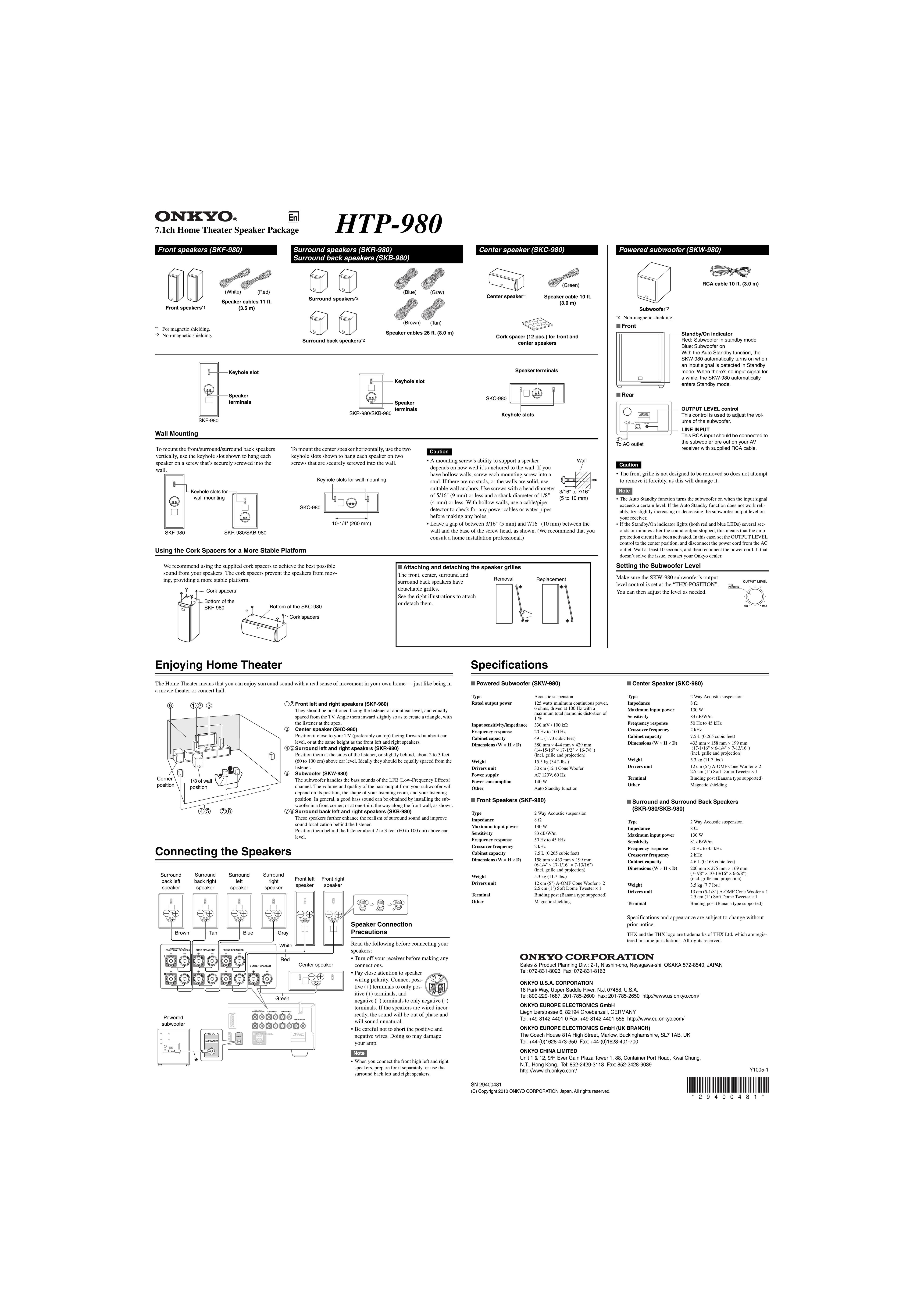 Onkyo HTP-980 Speaker System User Manual