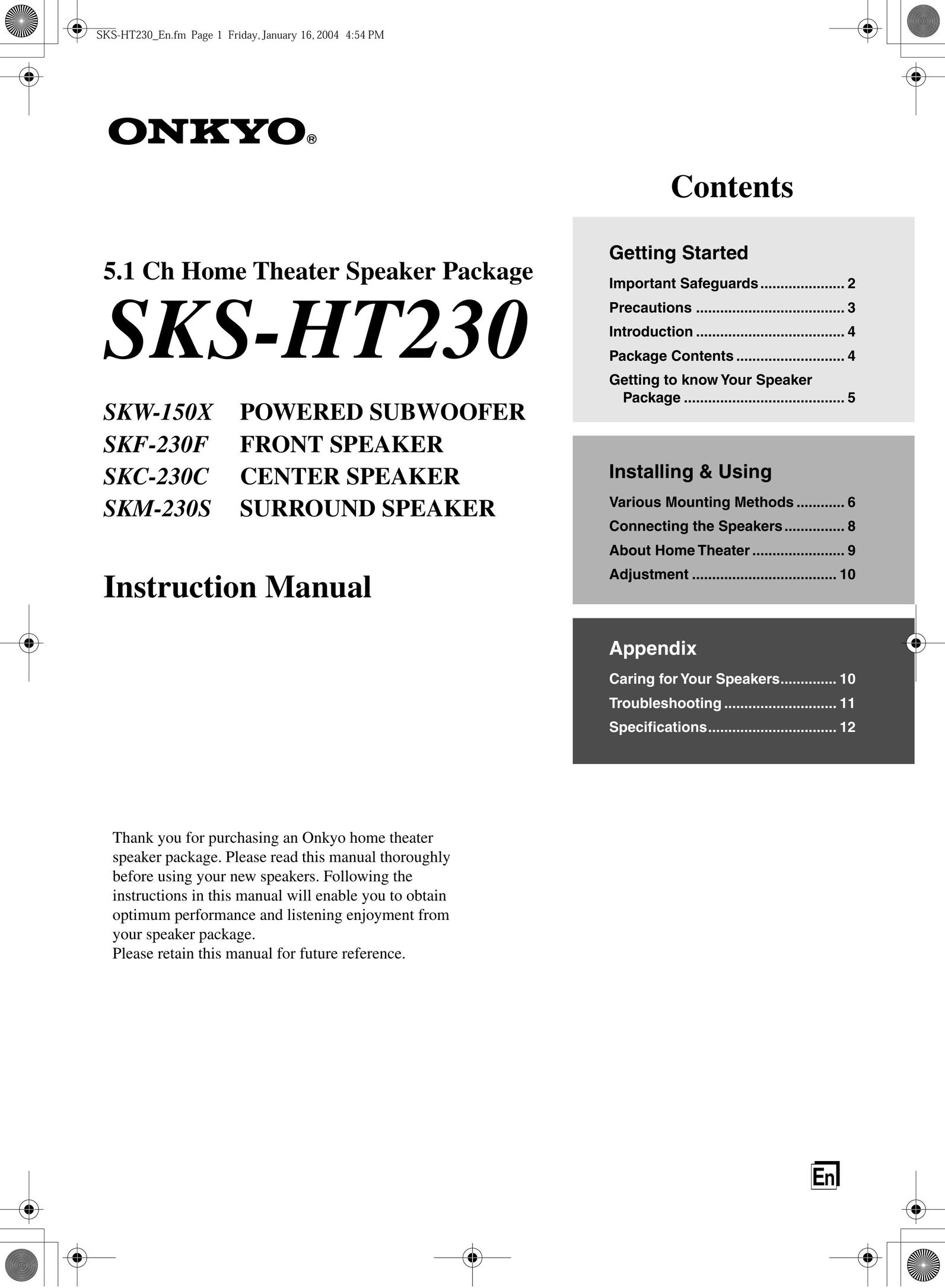 Onkyo SKM-230S Speaker System User Manual
