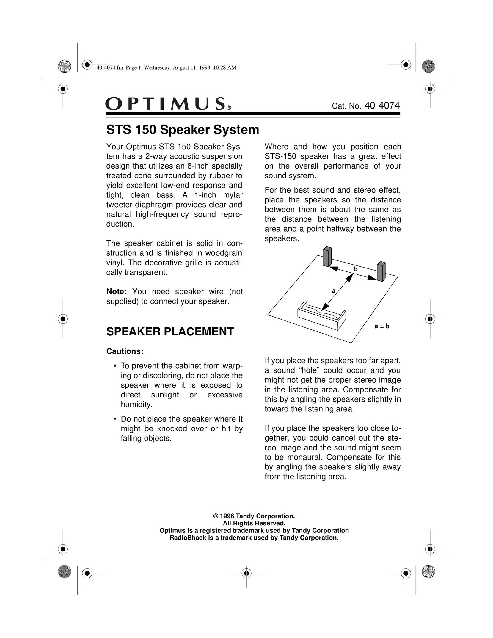 Optimus STS 150 Speaker System User Manual