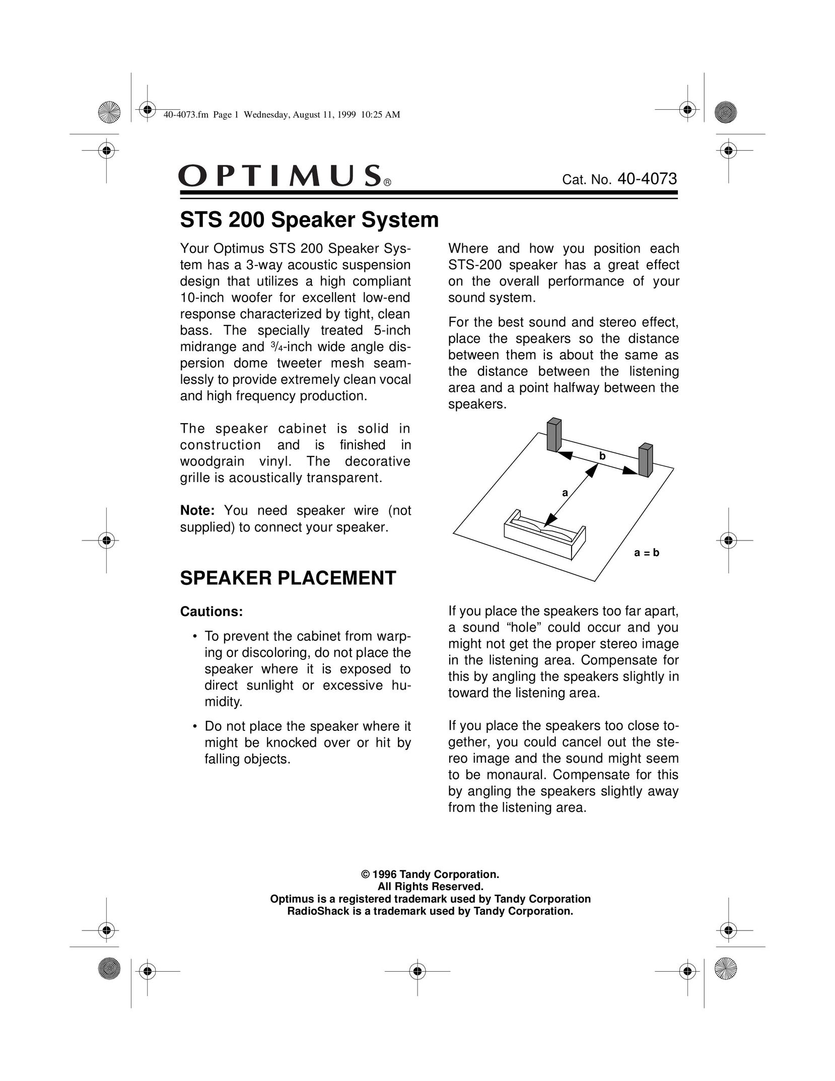 Optimus STS 200 Speaker System User Manual
