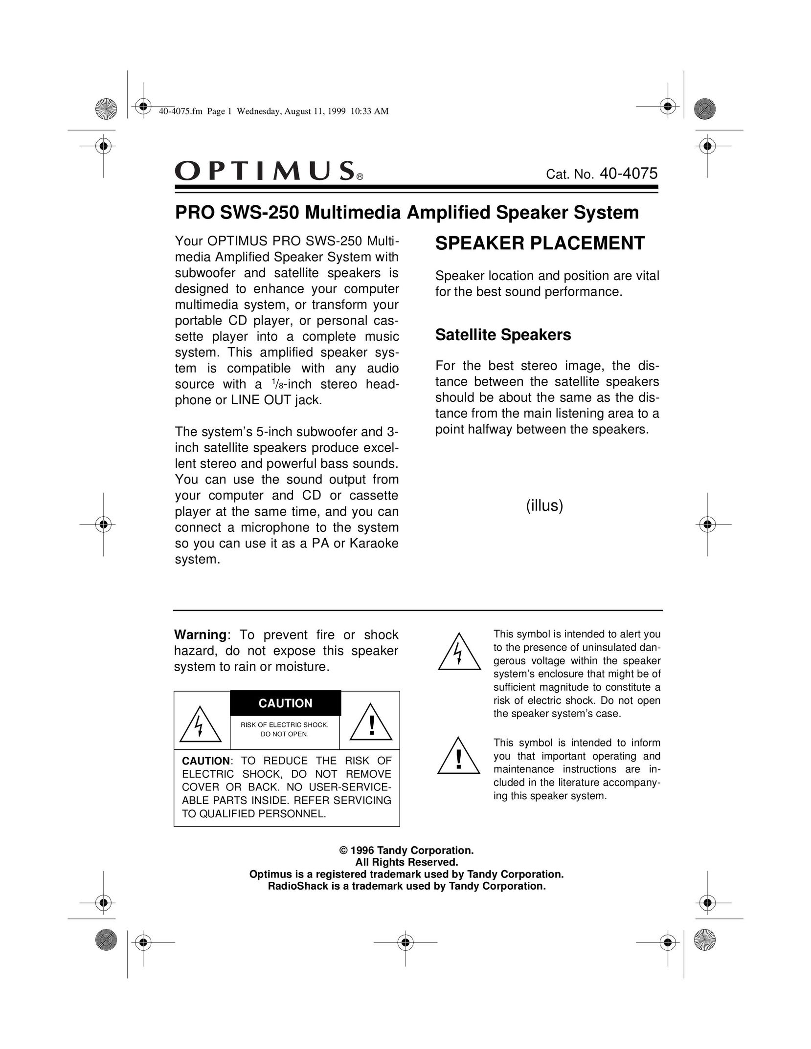Optimus SWS-250 Speaker System User Manual
