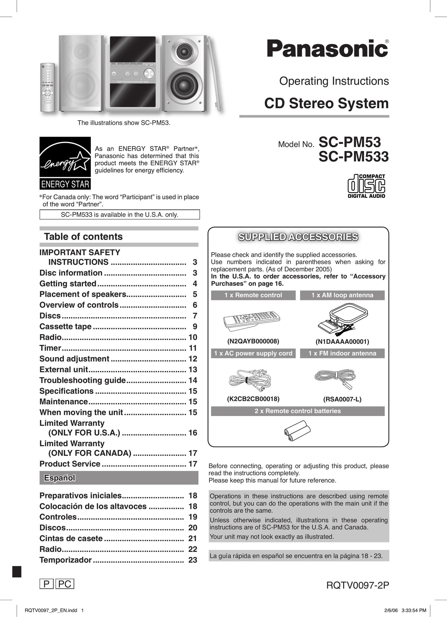 Panasonic RQTV0097-2P Speaker System User Manual
