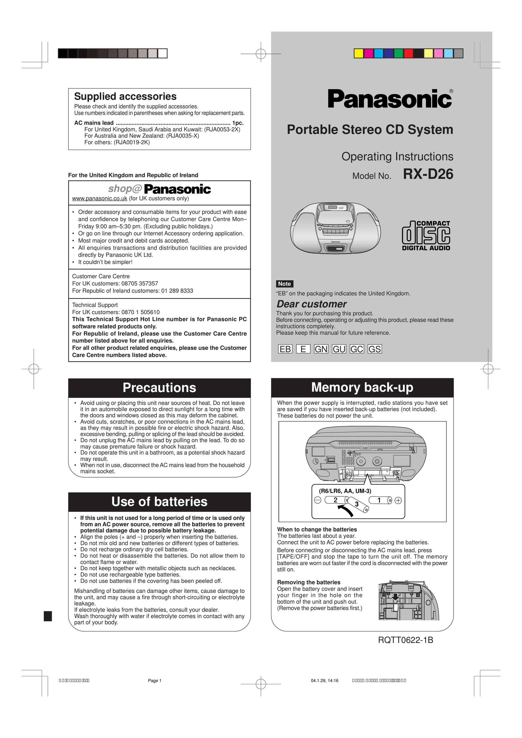 Panasonic RX-D26 Speaker System User Manual