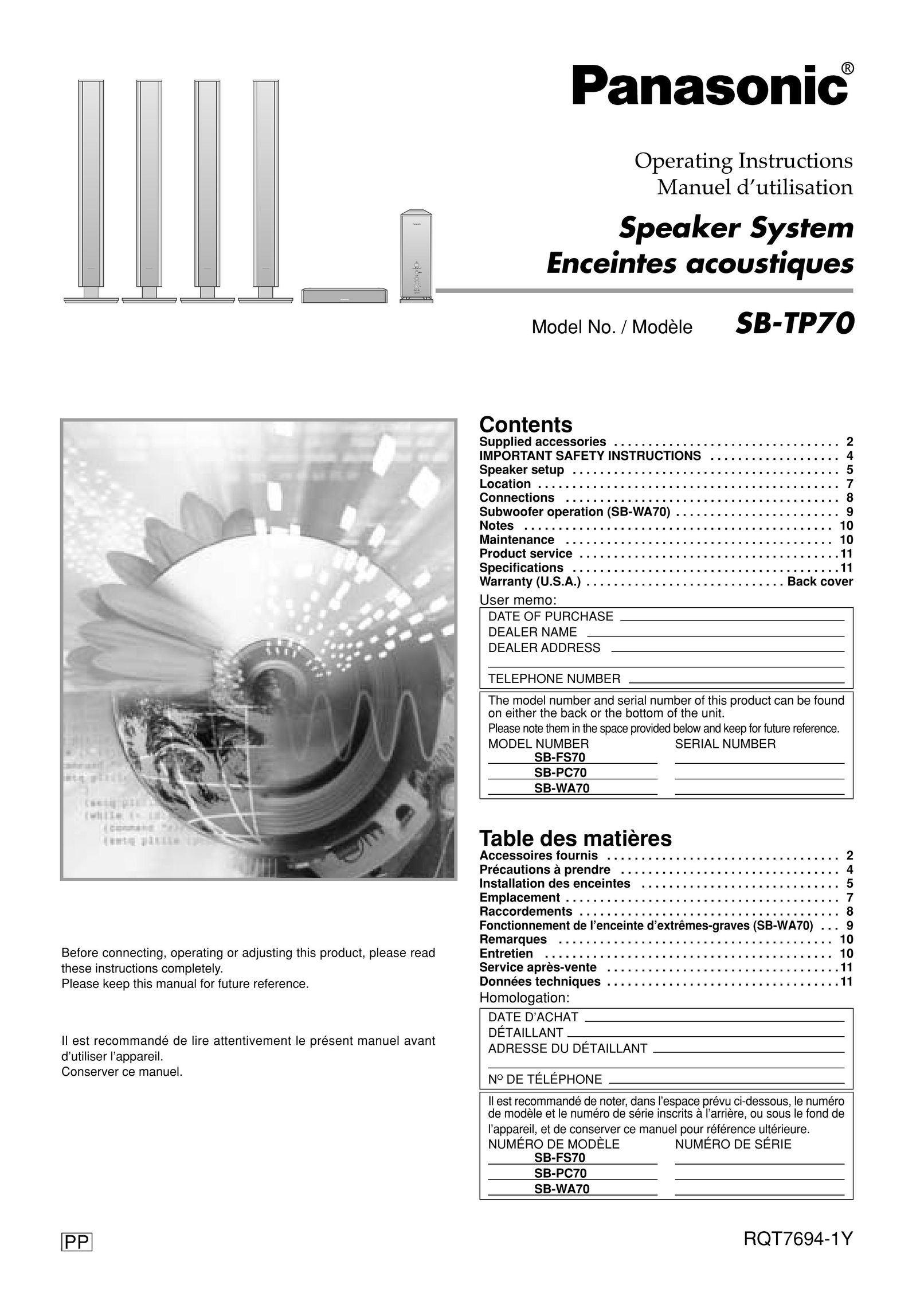 Panasonic SB-TP70 Speaker System User Manual