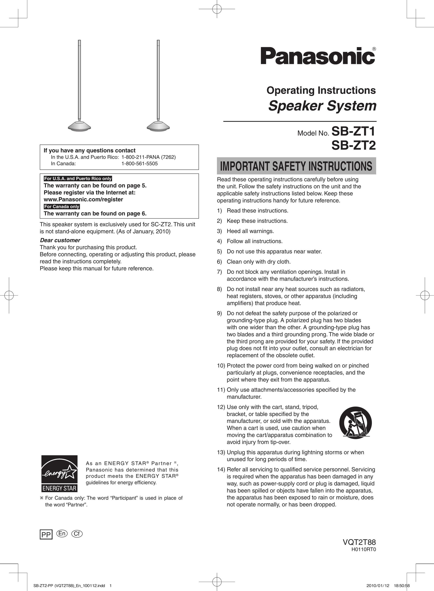 Panasonic SB-ZT1 Speaker System User Manual