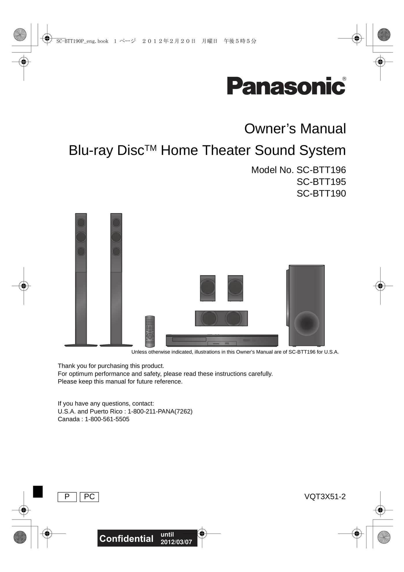 Panasonic SC-BTT 190 Speaker System User Manual