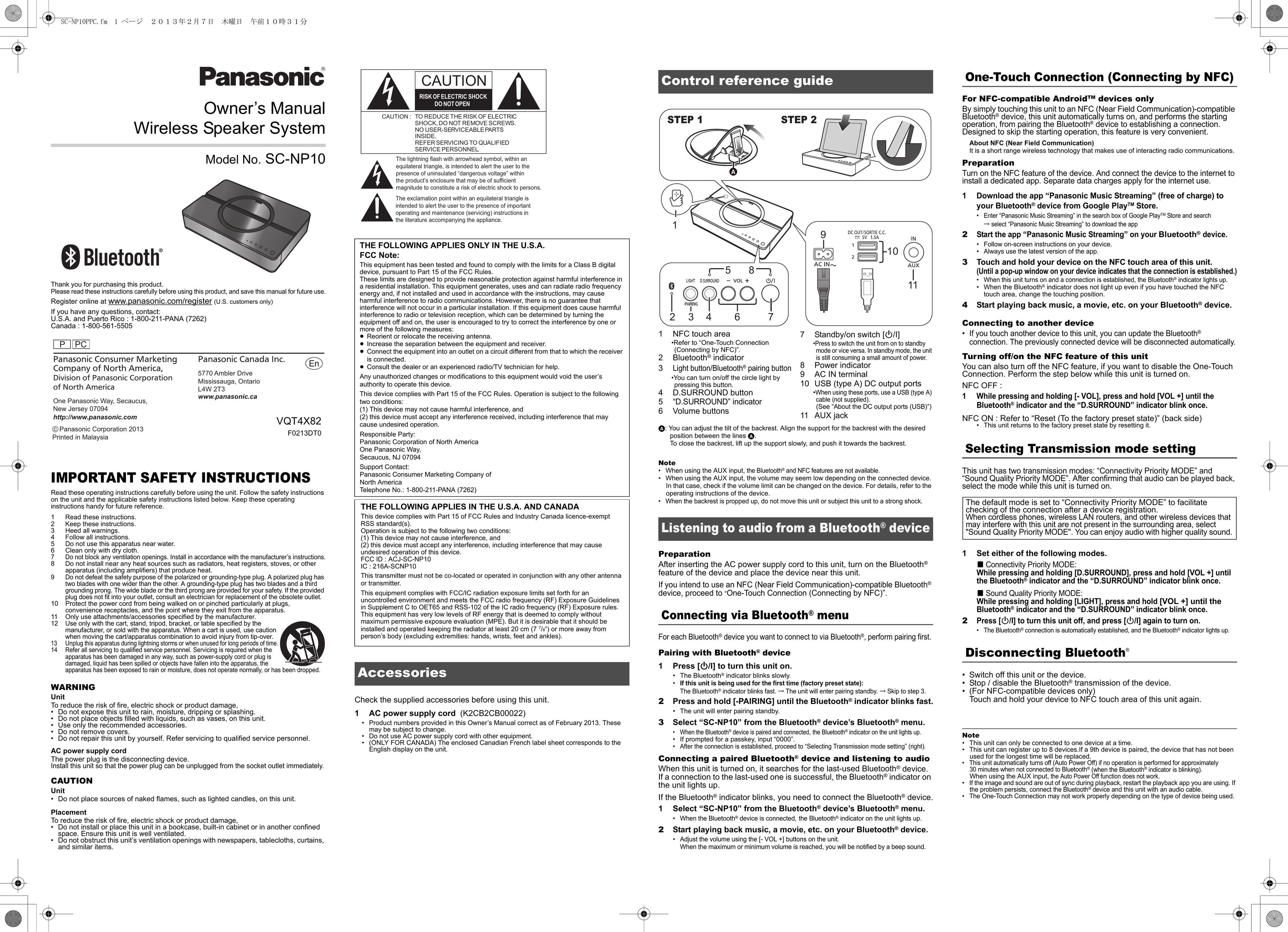 Panasonic SC-NP10 Speaker System User Manual