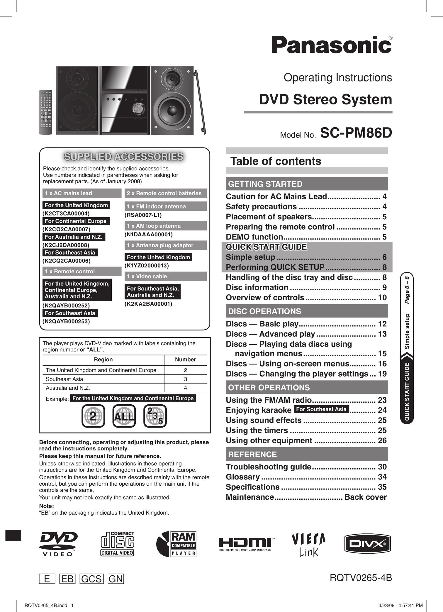 Panasonic SC-PM86D Speaker System User Manual