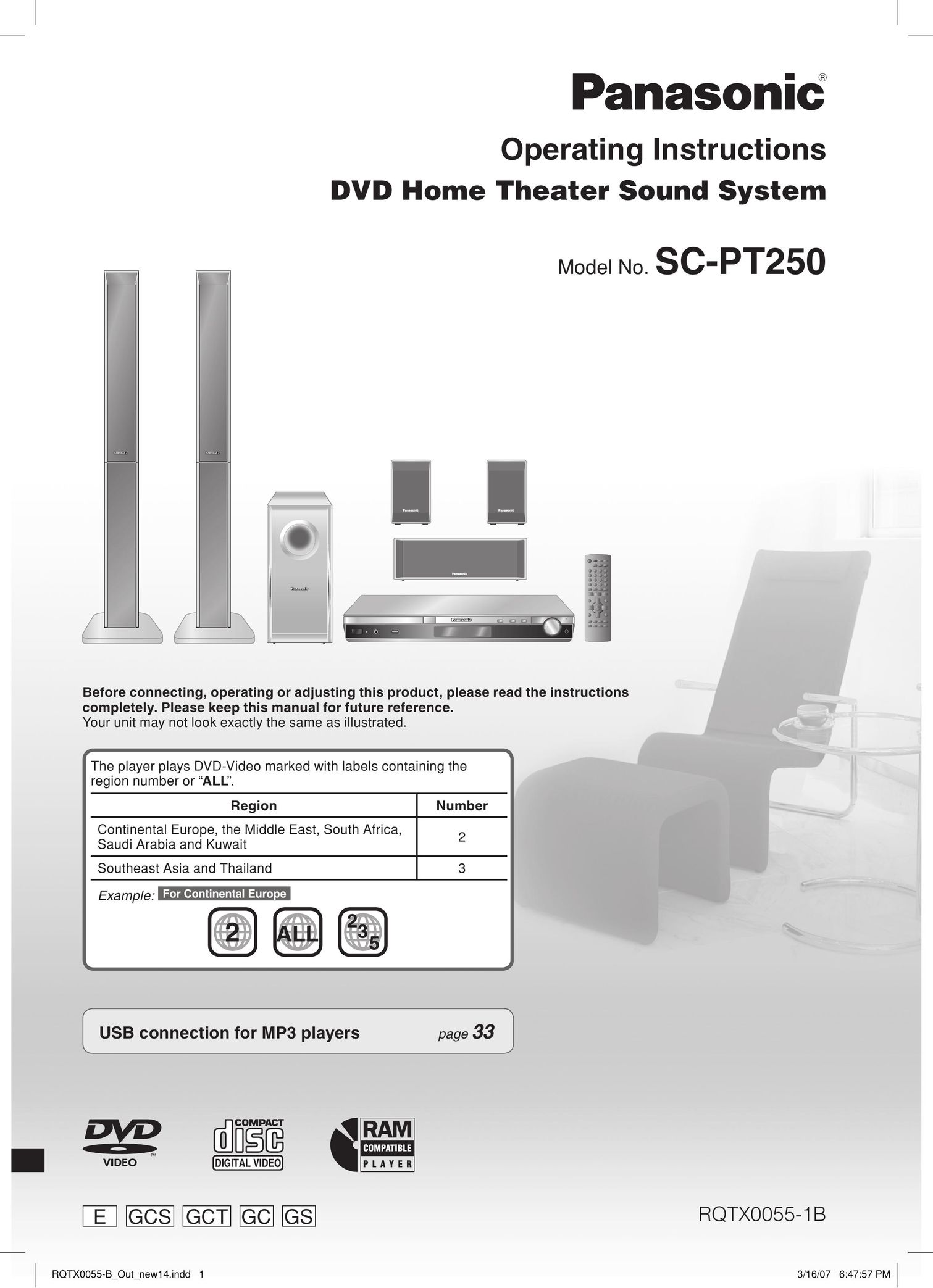 Panasonic SC-PT 250 Speaker System User Manual