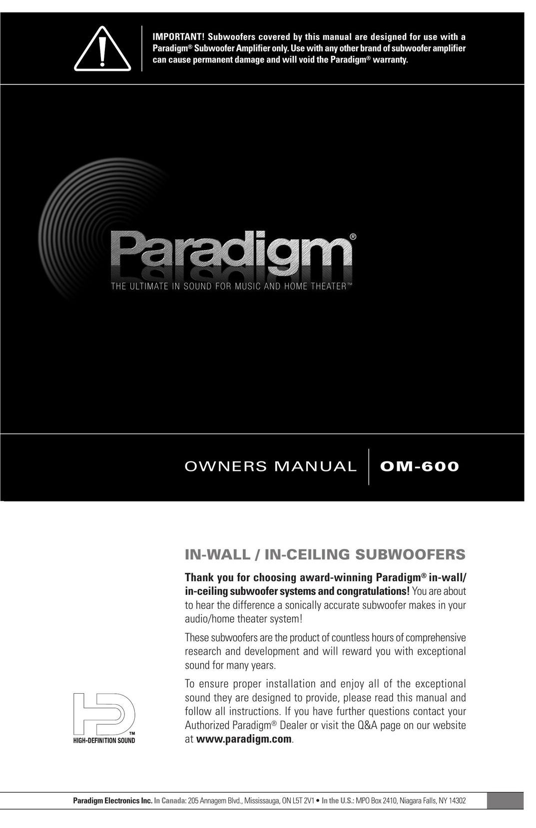 Paradigm OM-600 Speaker System User Manual