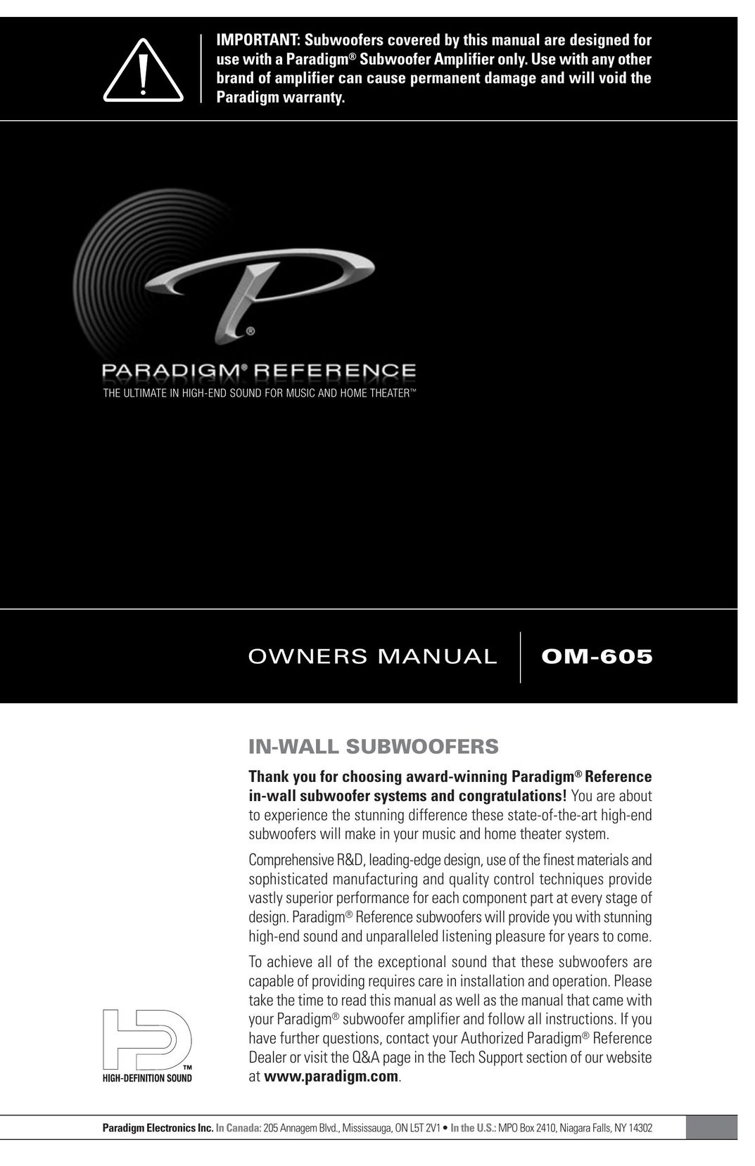 Paradigm OM-605 Speaker System User Manual