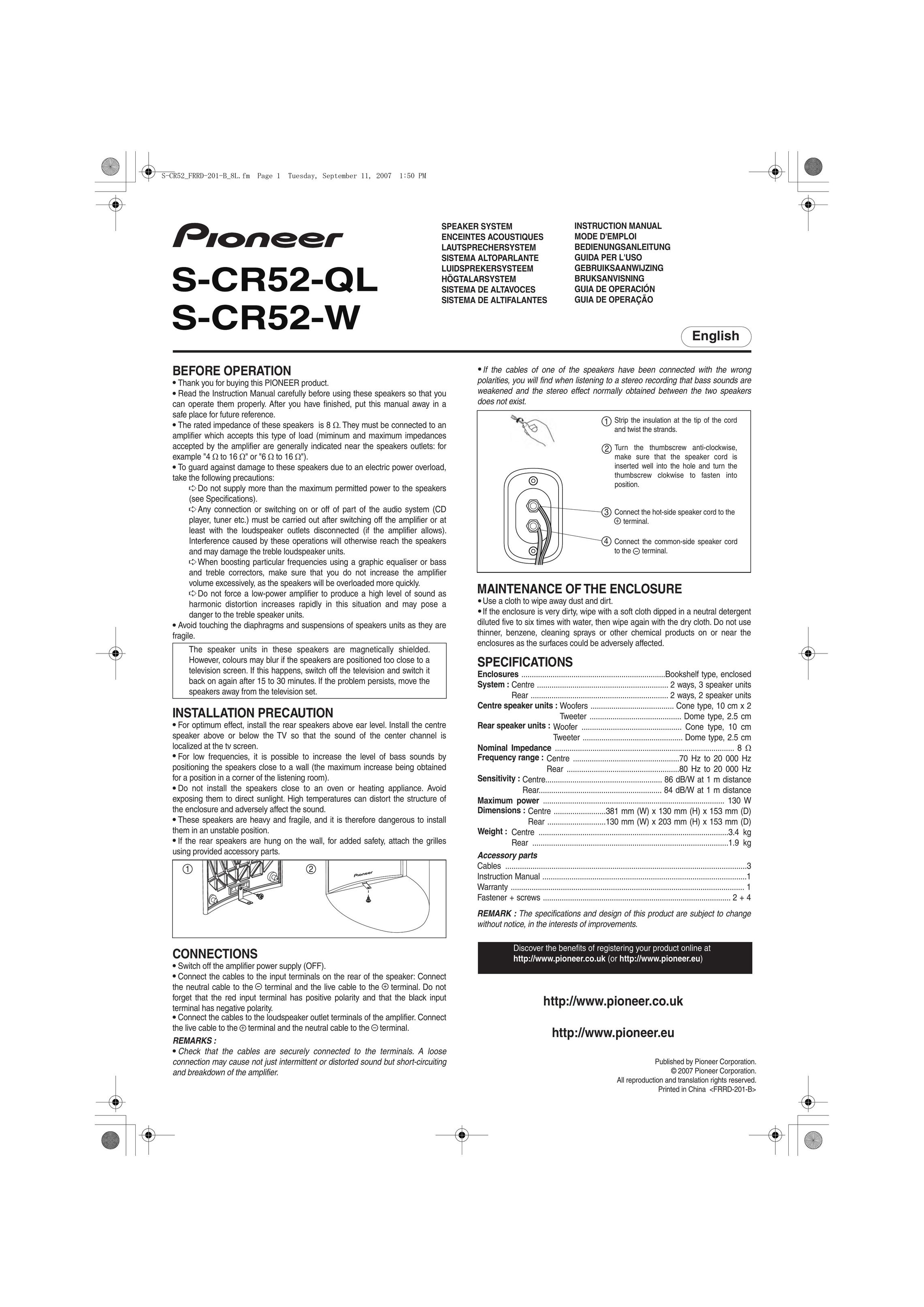 Pioneer S-CR52-QL Speaker System User Manual