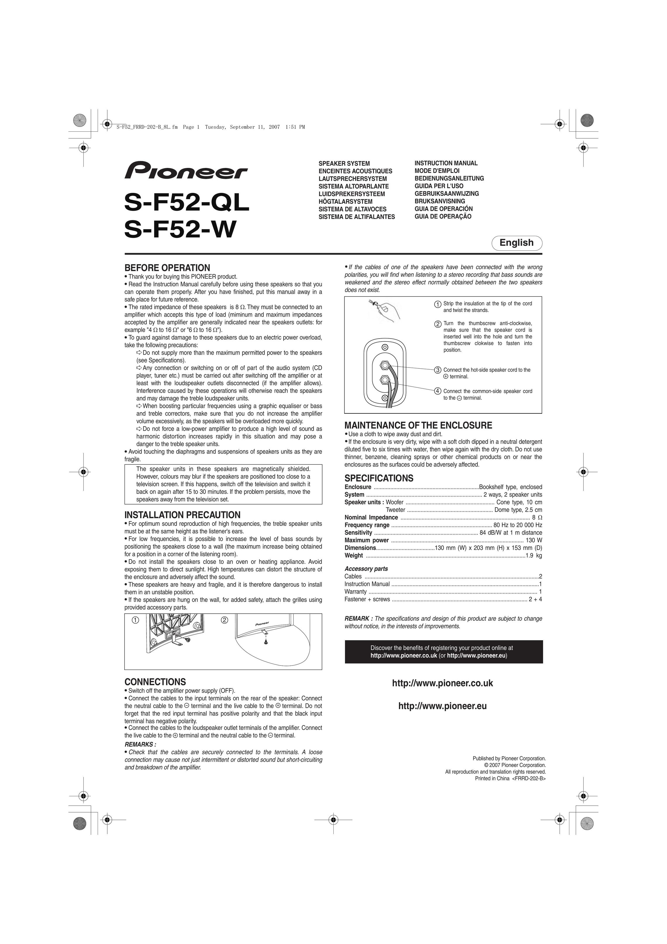 Pioneer S-F52-QL Speaker System User Manual