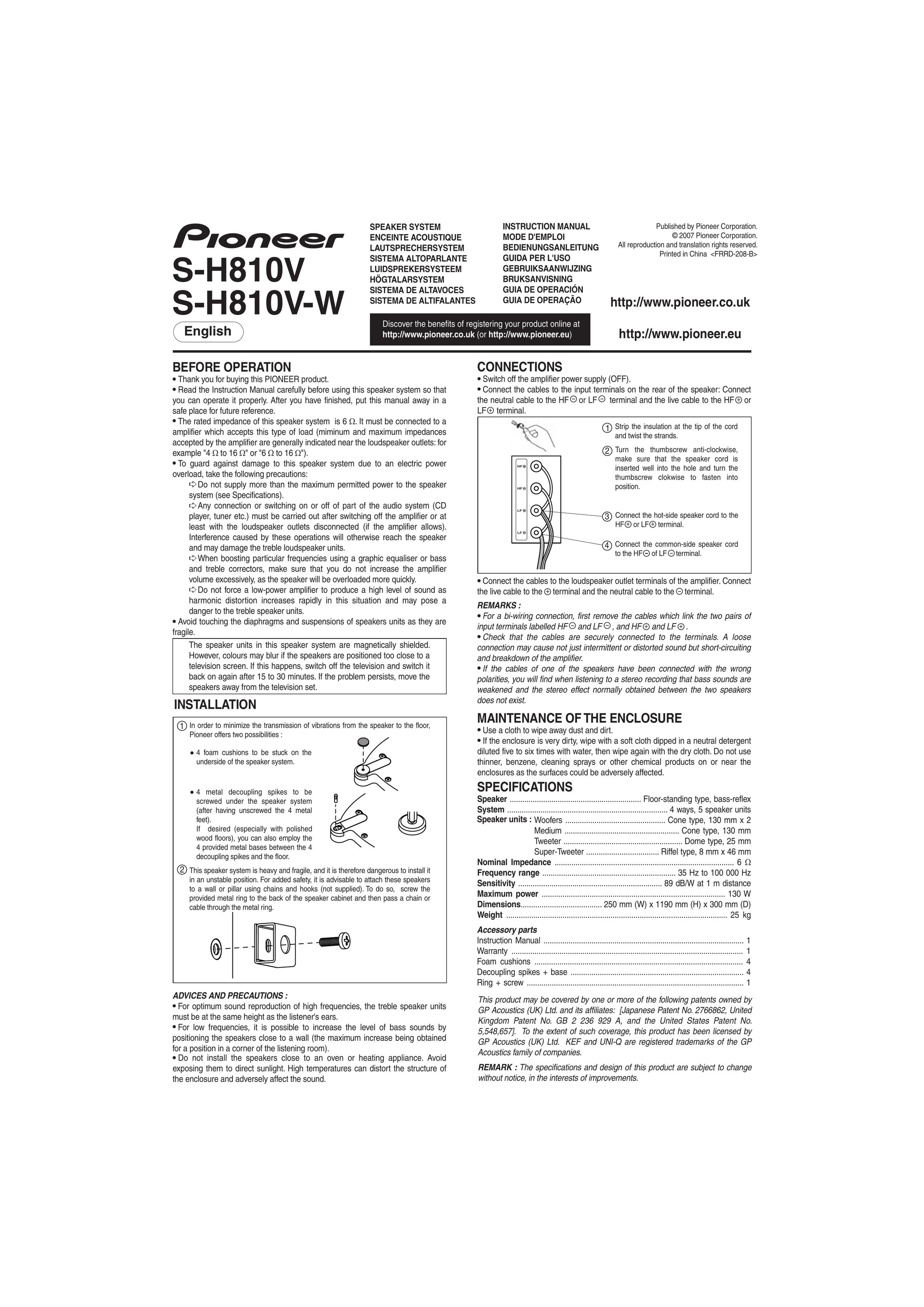 Pioneer S-H810V Speaker System User Manual