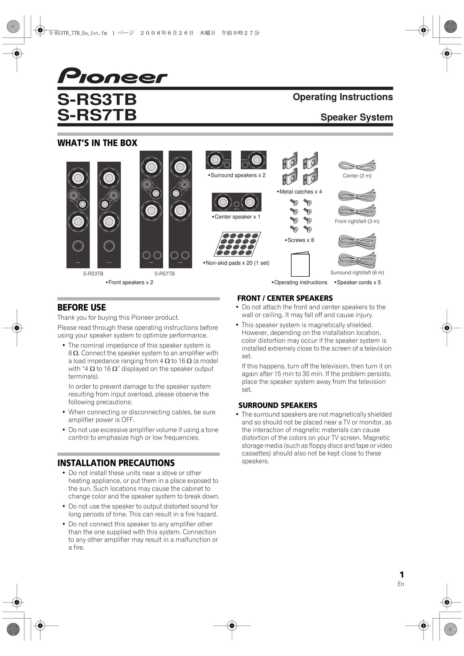 Pioneer S-RS3TB Speaker System User Manual