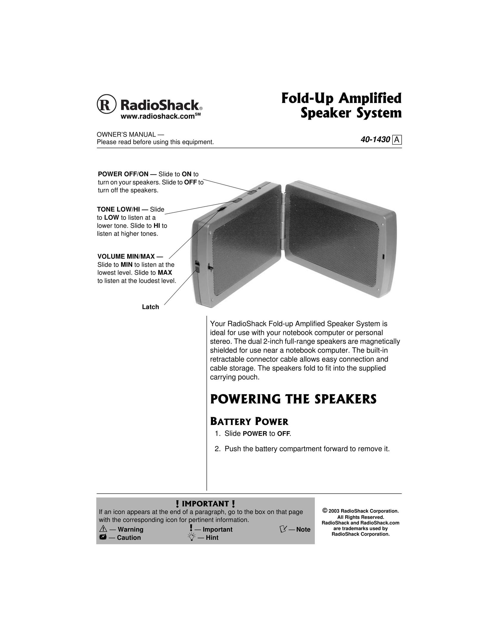 Radio Shack 40-1430 Speaker System User Manual