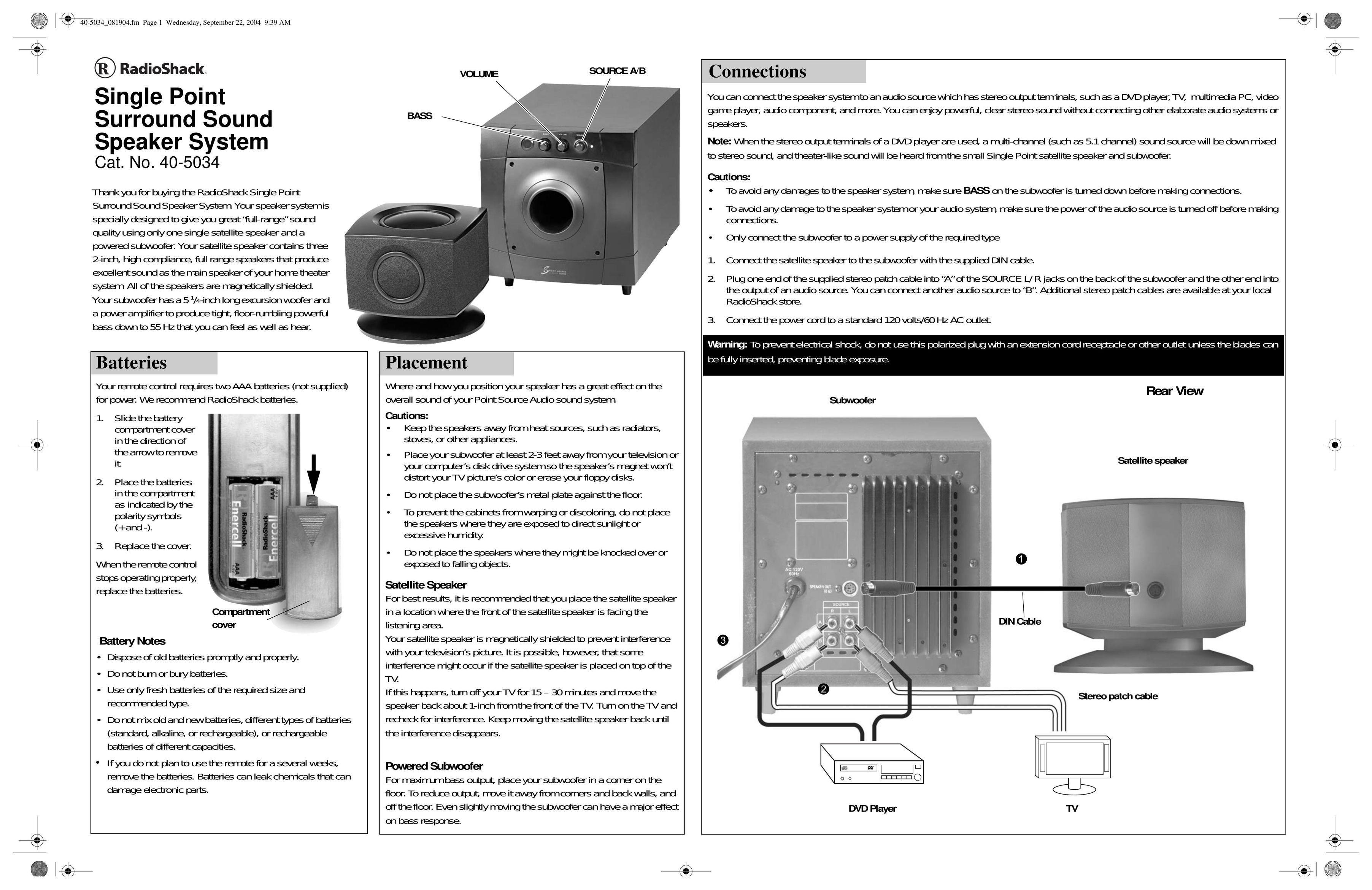 Radio Shack 40-5034 Speaker System User Manual