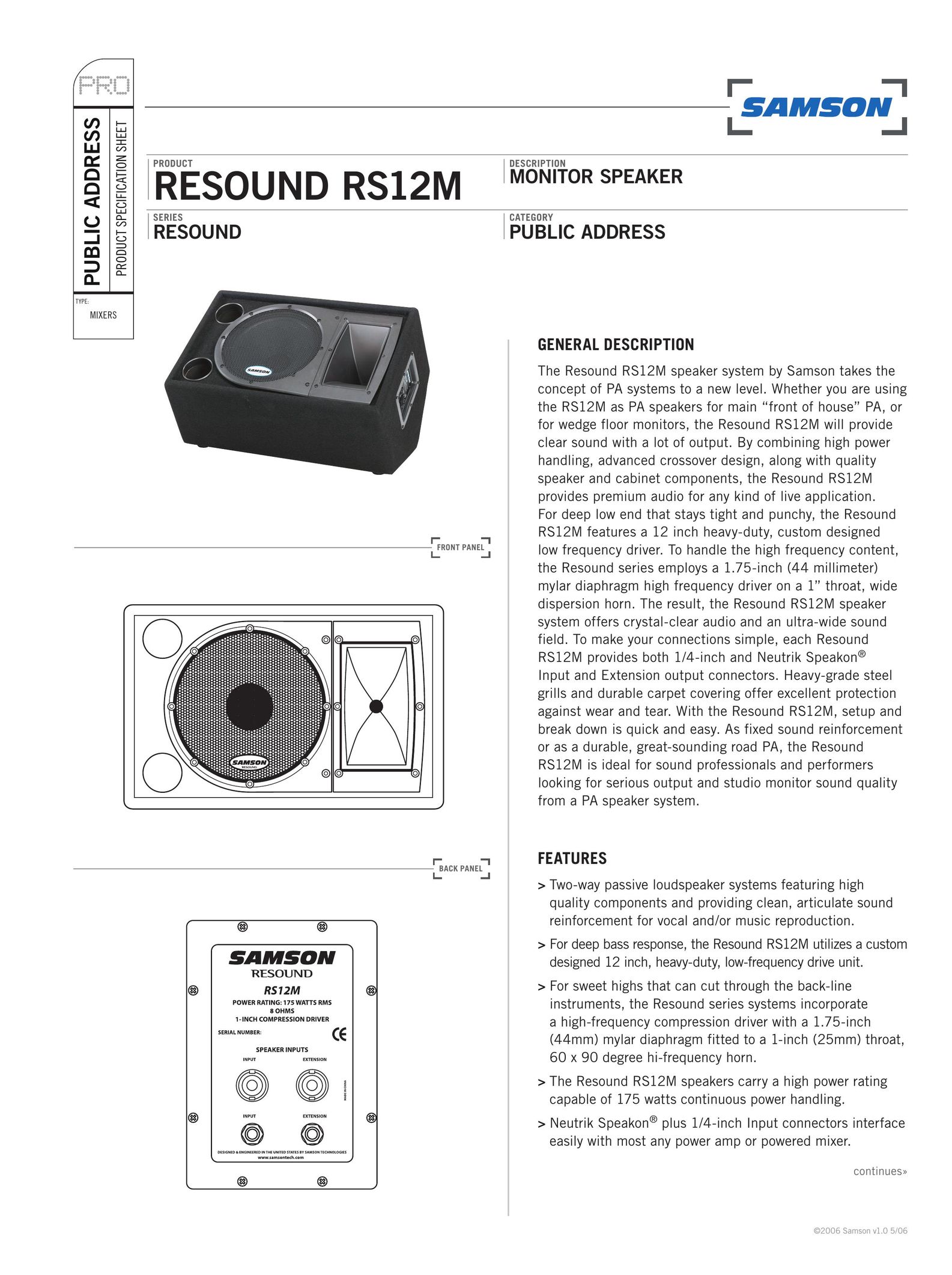Samson RESOUND RS12M Speaker System User Manual