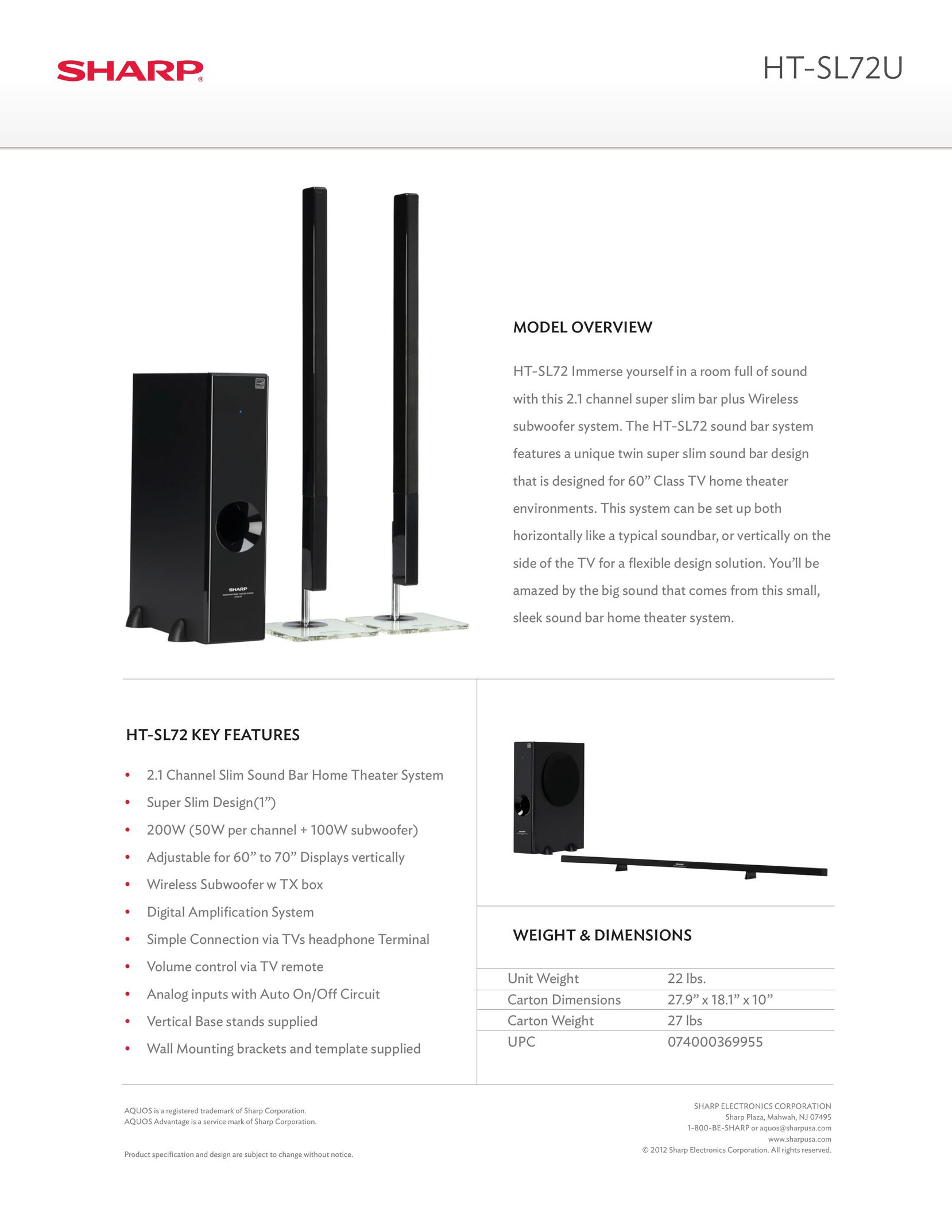 Sharp HT-SL72 Speaker System User Manual