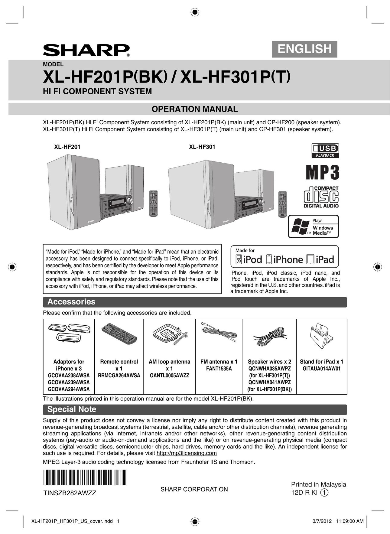 Sharp XLHF201P Speaker System User Manual