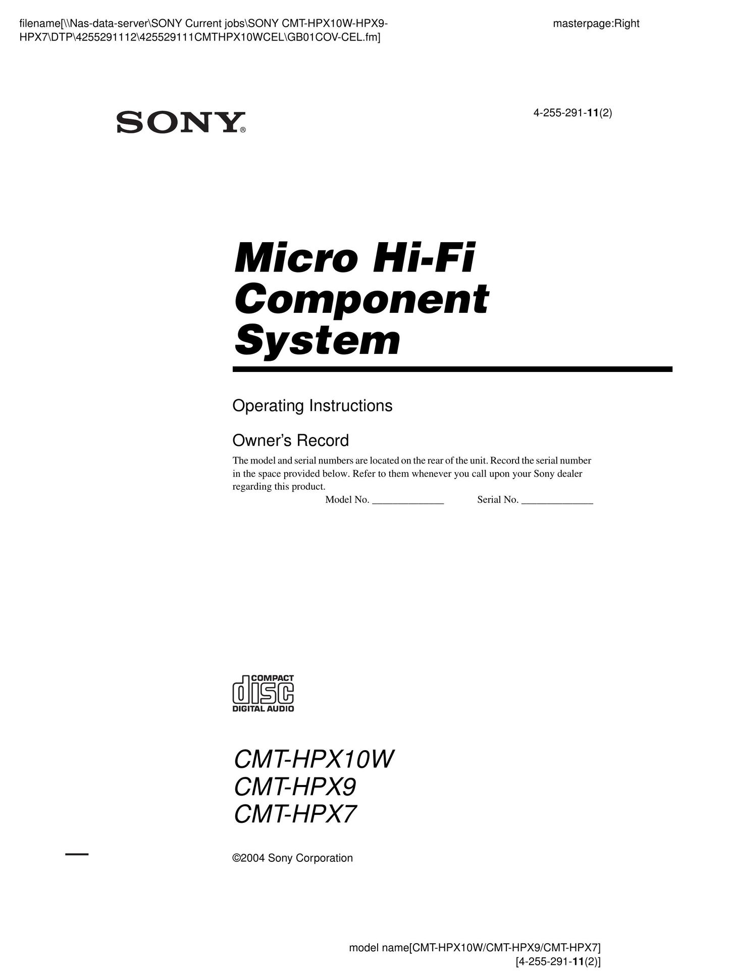 Sony CMT-HPX10W Speaker System User Manual