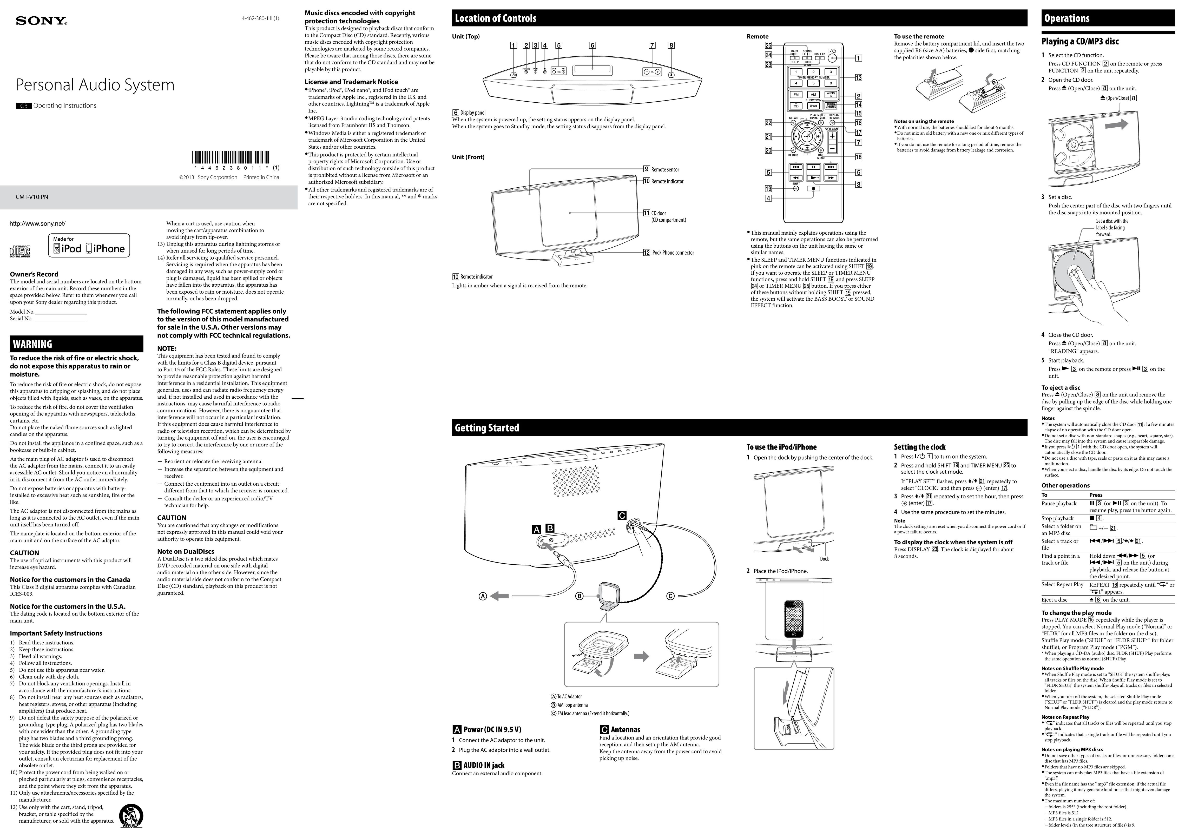Sony CMT-V10iPN Speaker System User Manual