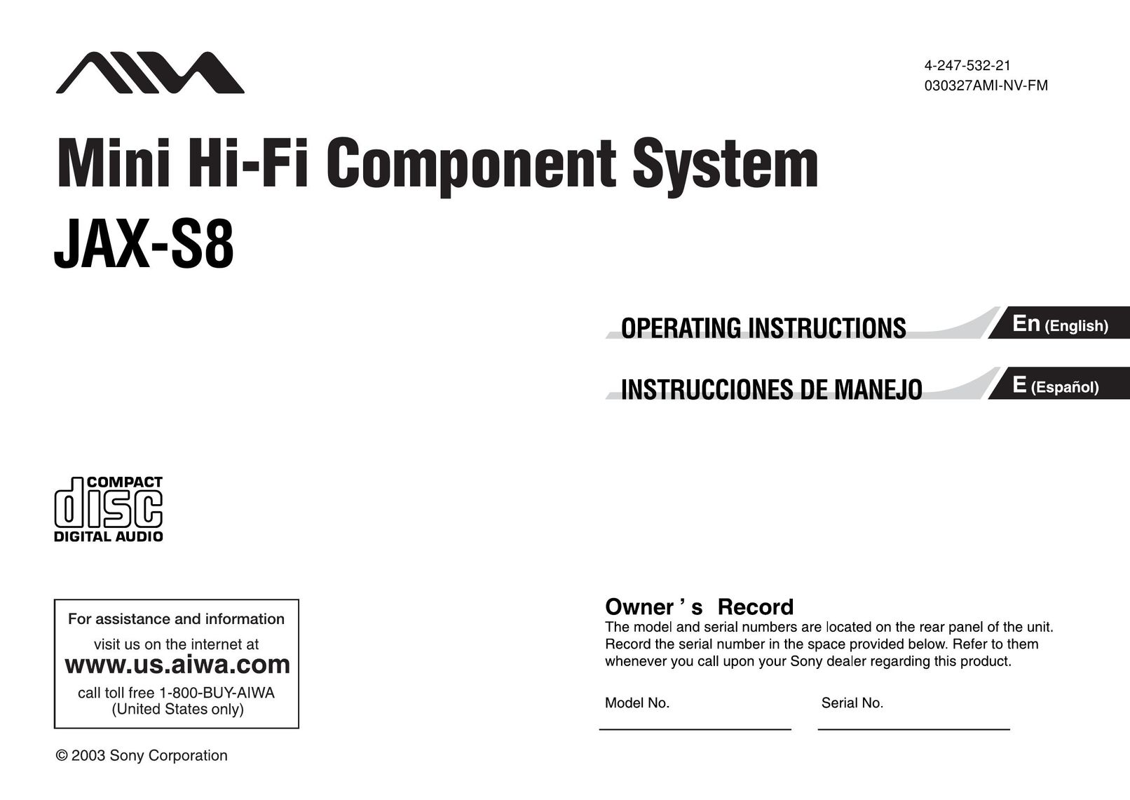 Sony JAX-S8 Speaker System User Manual