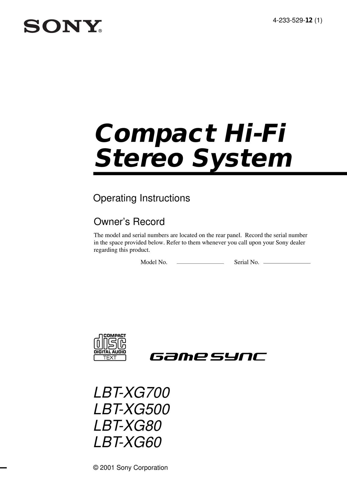 Sony LBT-XG80 Speaker System User Manual