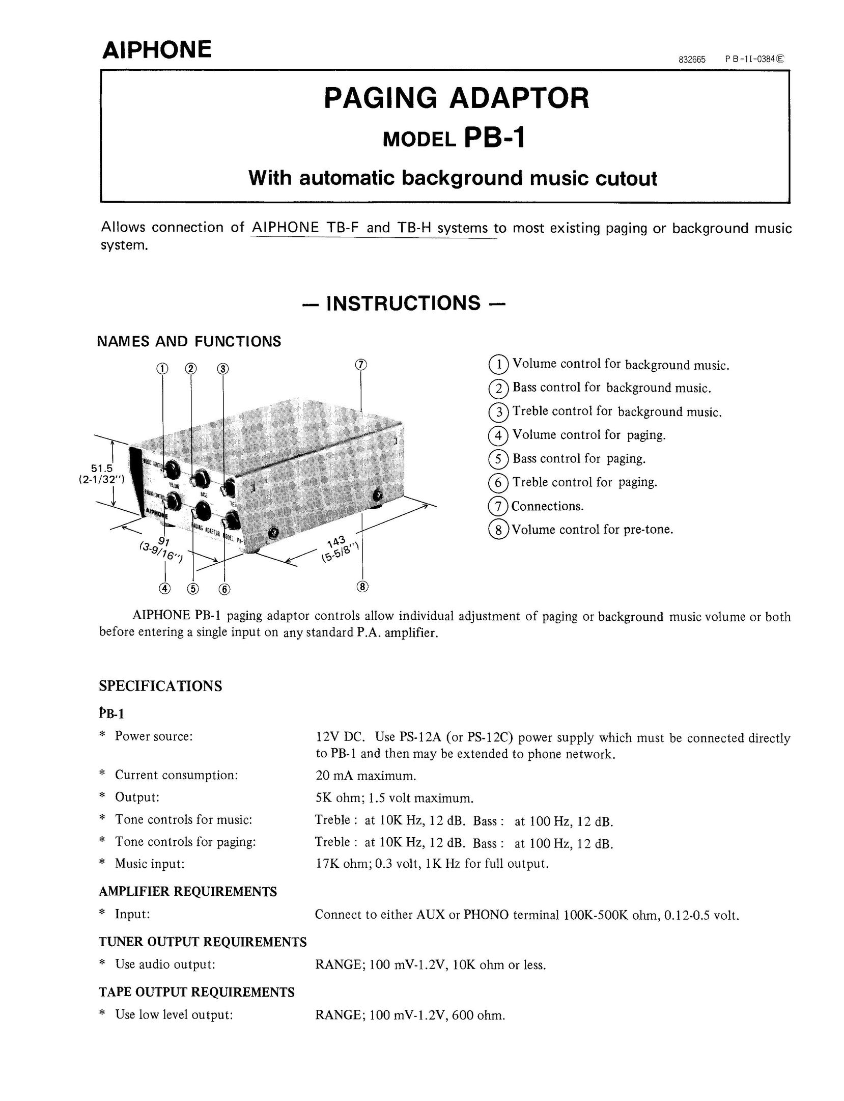 Aiphone PB-1 Stereo Amplifier User Manual