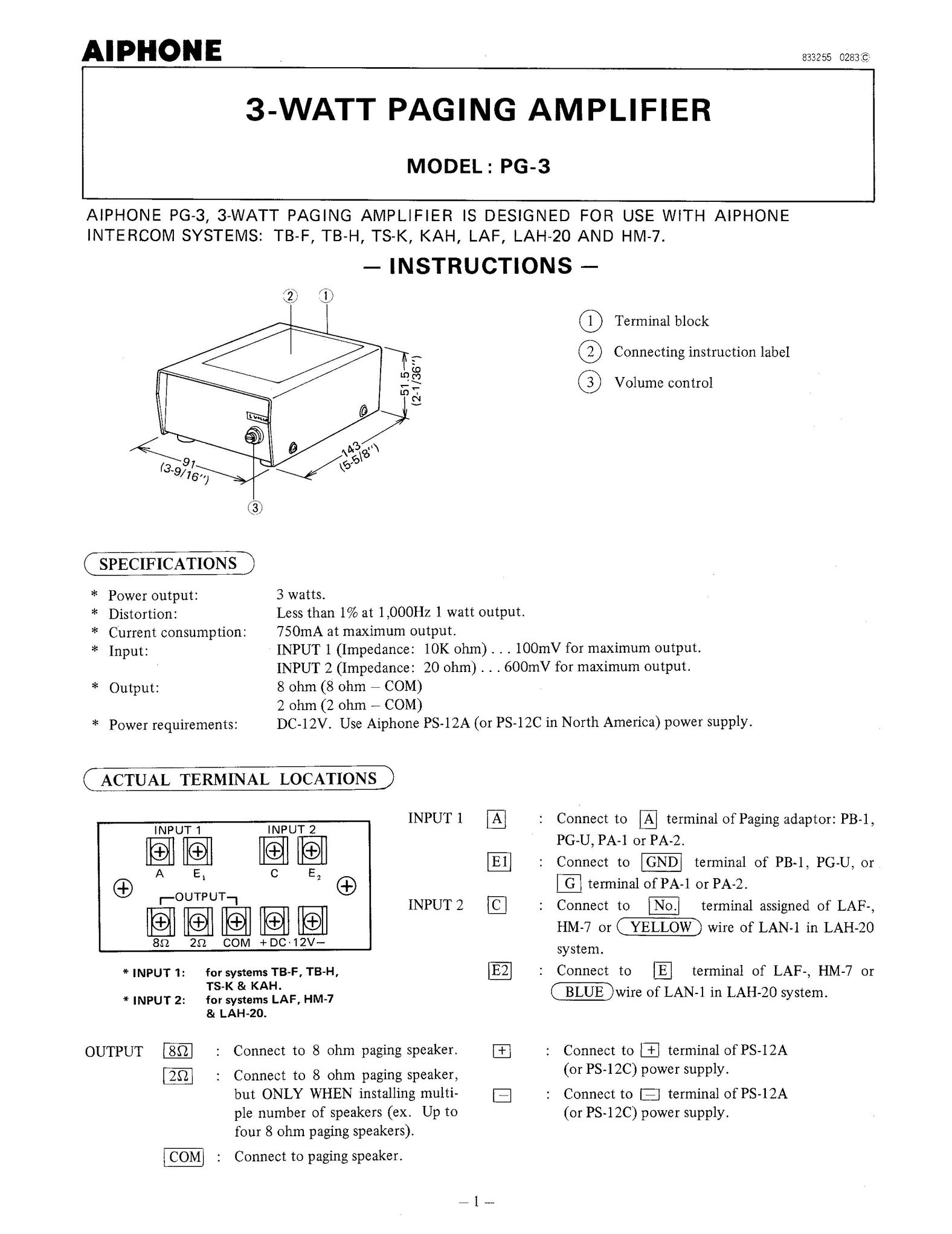 Aiphone PG-3 Stereo Amplifier User Manual