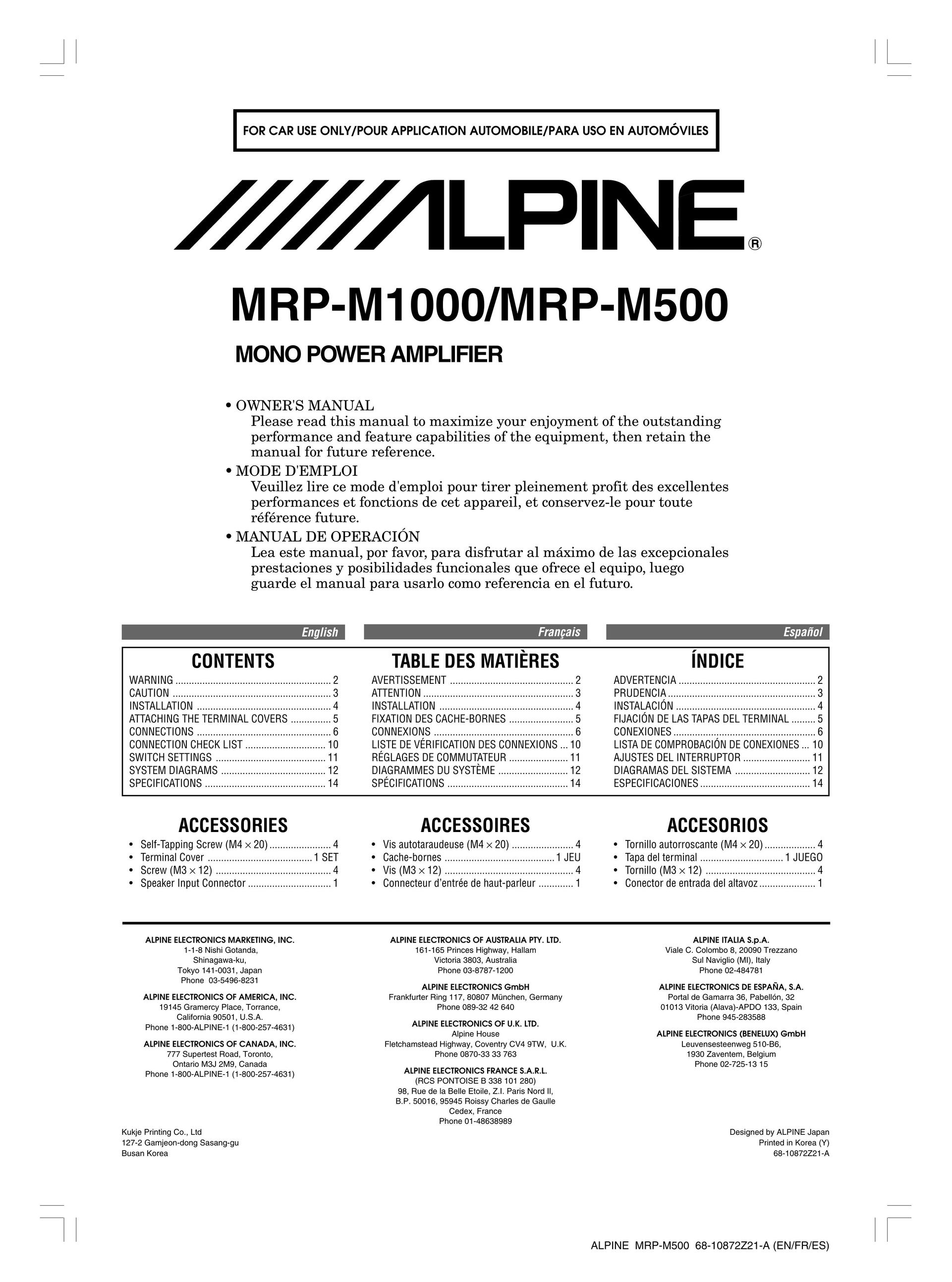 Alpine MRD-M1000 Stereo Amplifier User Manual