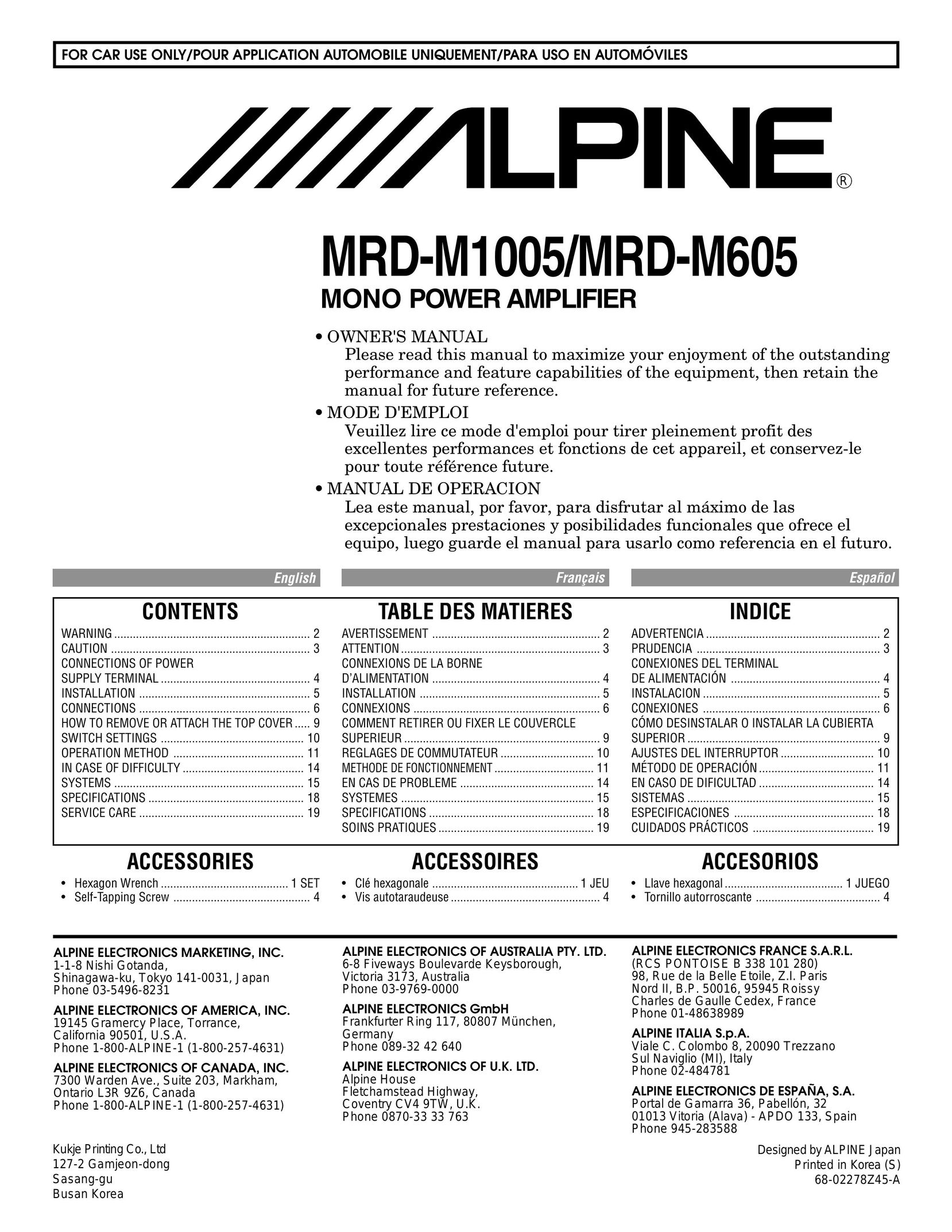 Alpine MRD-M1005 Stereo Amplifier User Manual