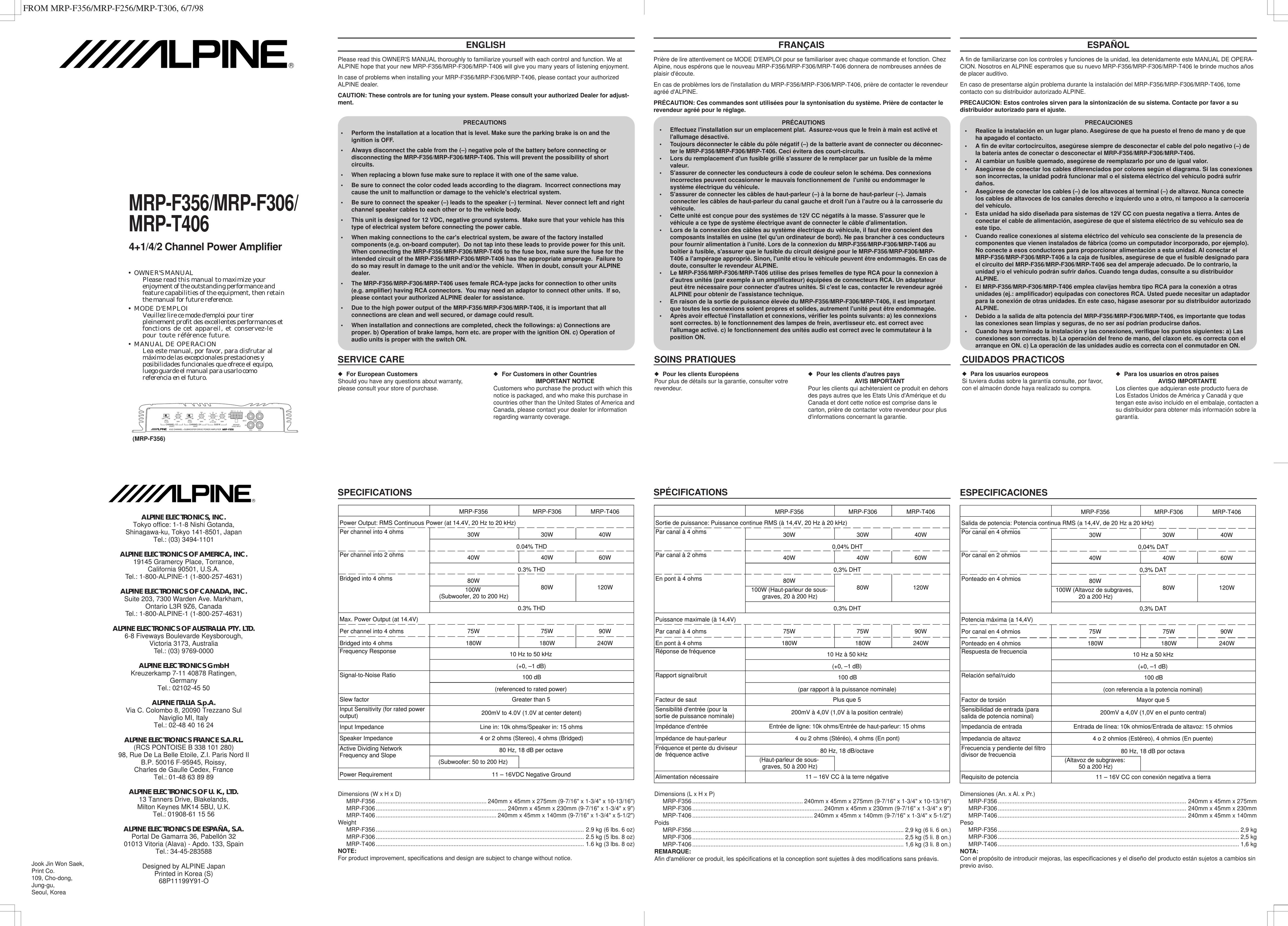 Alpine MRP-F306 Stereo Amplifier User Manual