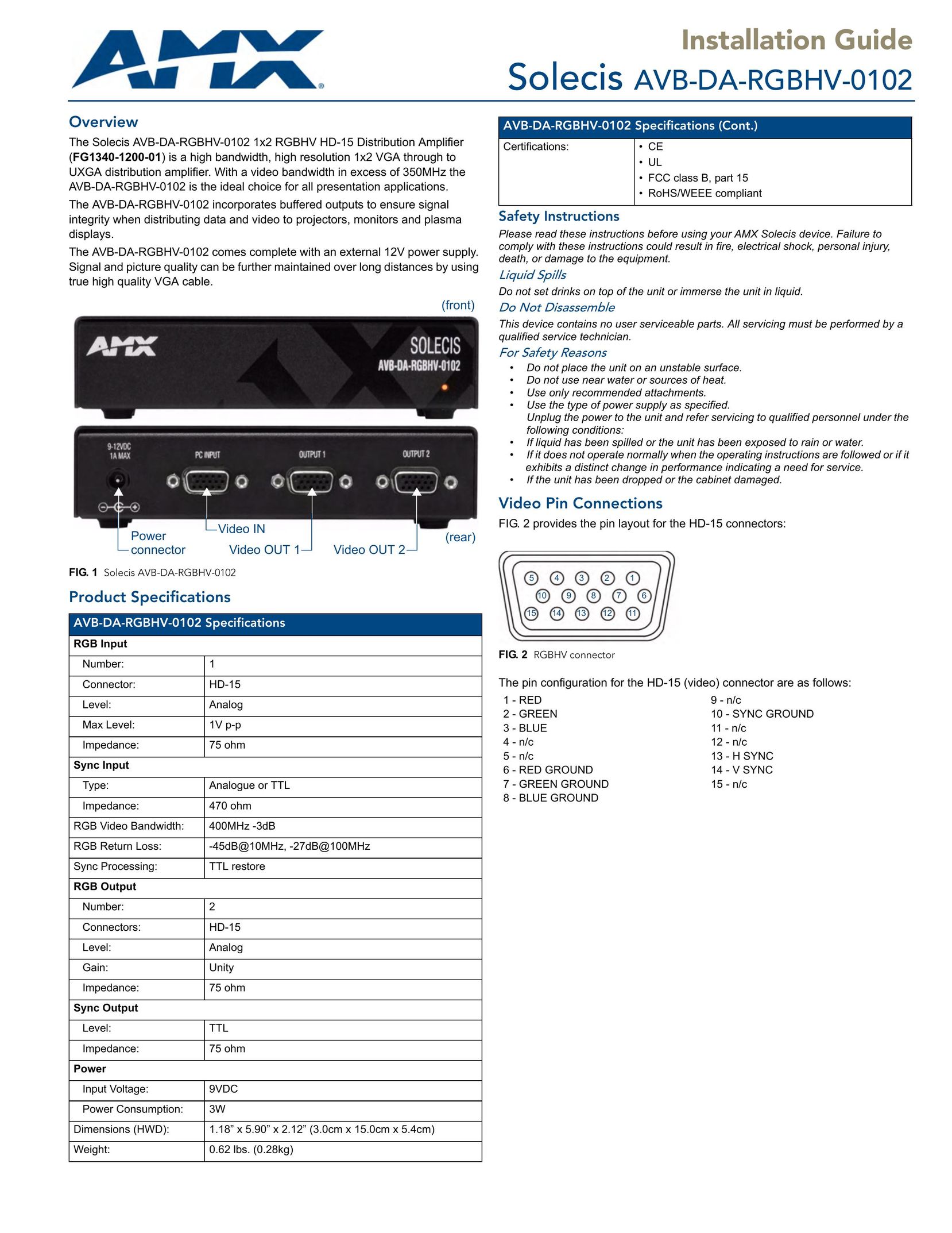 AMX AVB-DA-RGBHV-0102 Stereo Amplifier User Manual