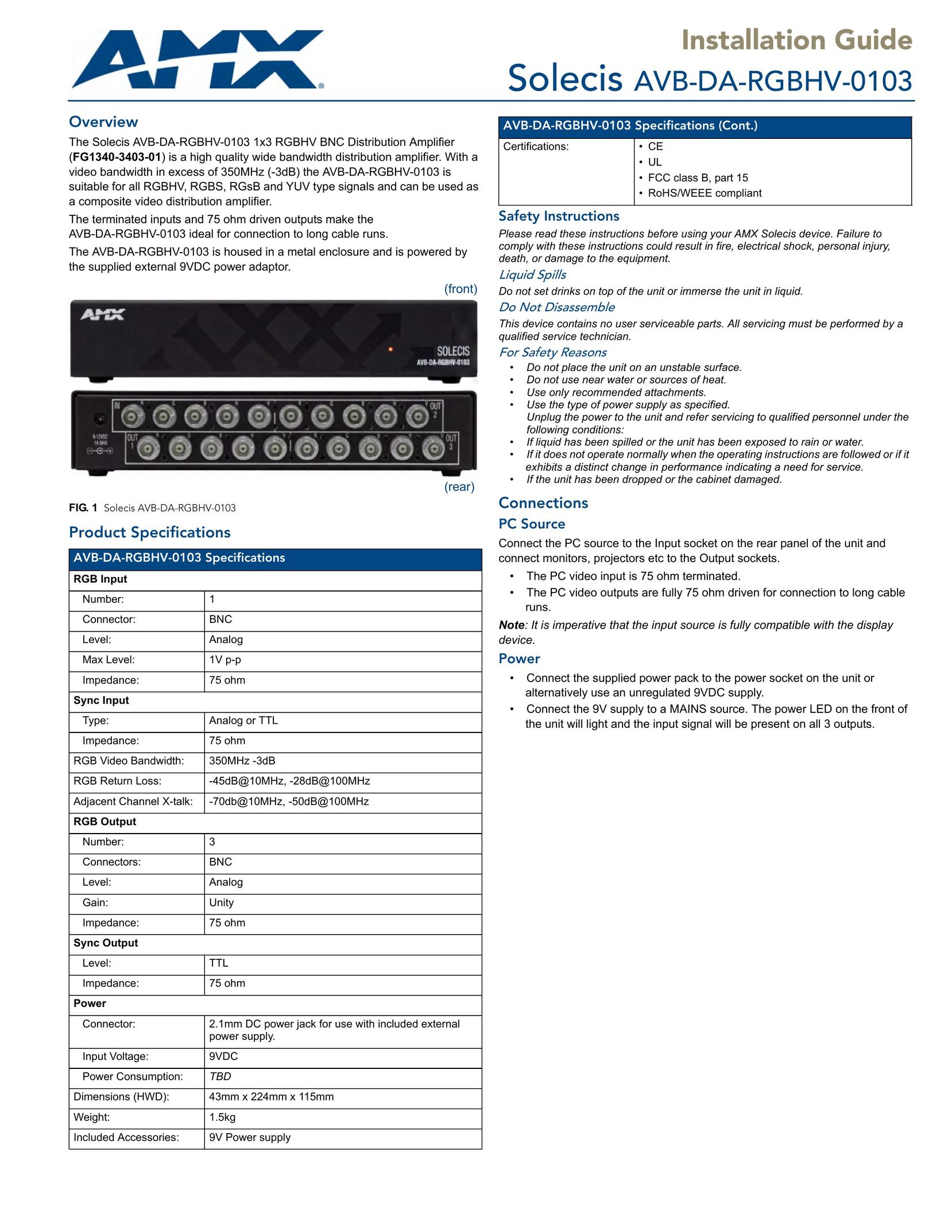 AMX AVB-DA-RGBHV-0103 Stereo Amplifier User Manual