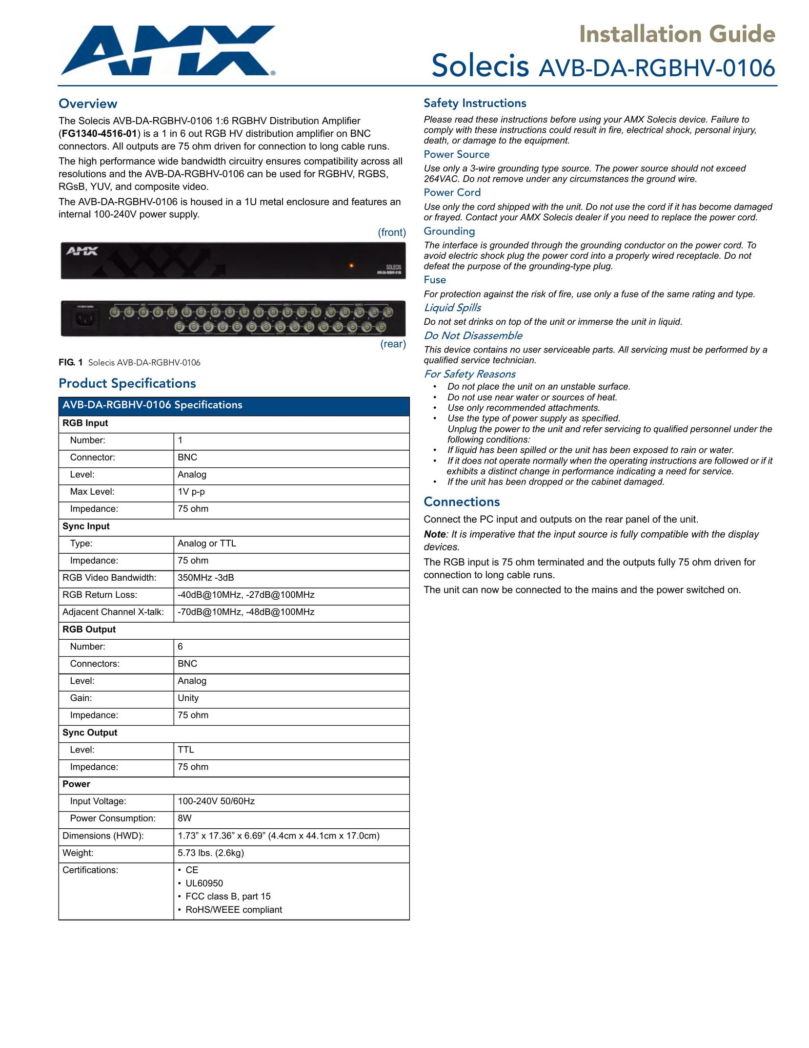 AMX AVB-DA-RGBHV-0106 Stereo Amplifier User Manual