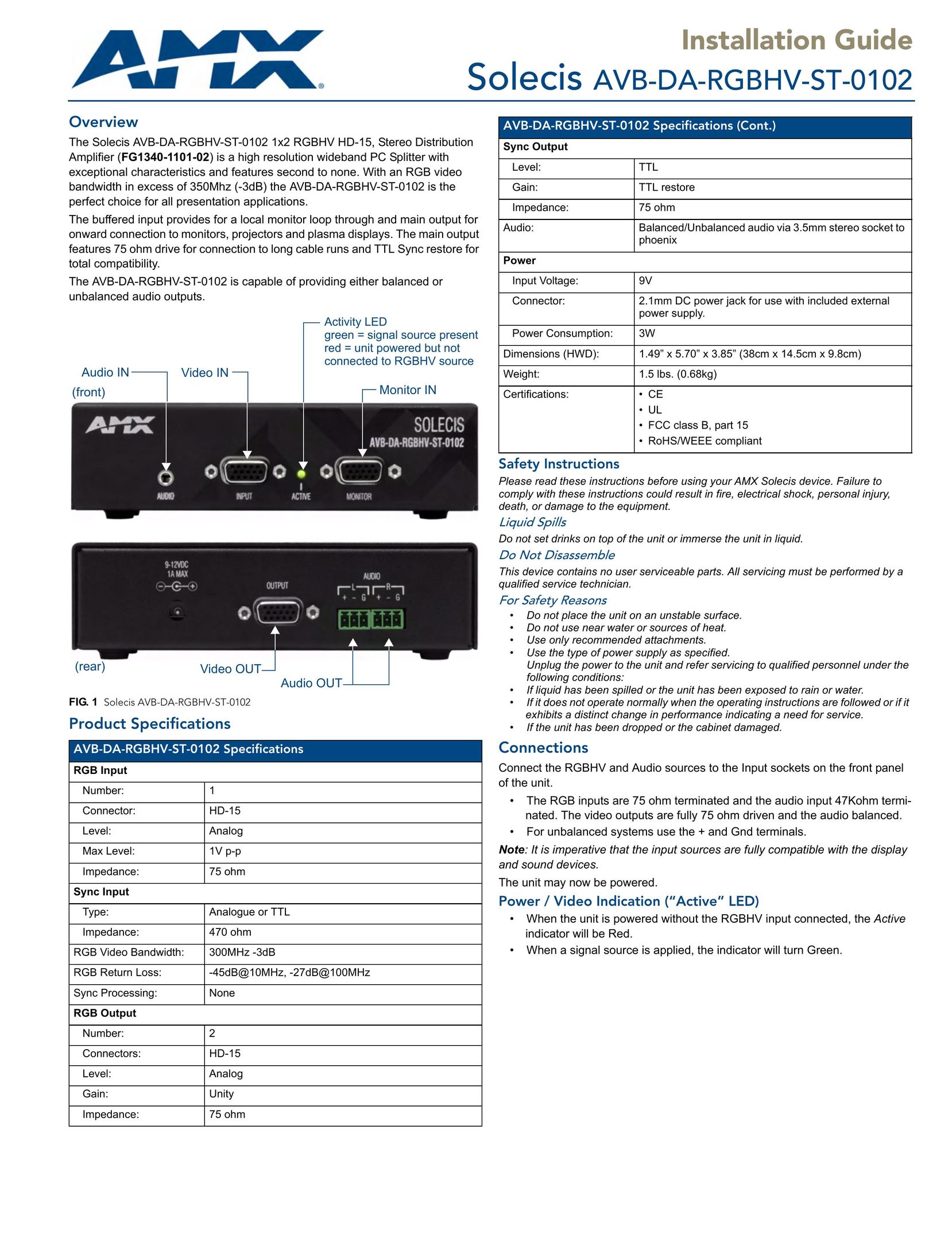 AMX AVB-DA-RGBHV-ST-0102 Stereo Amplifier User Manual