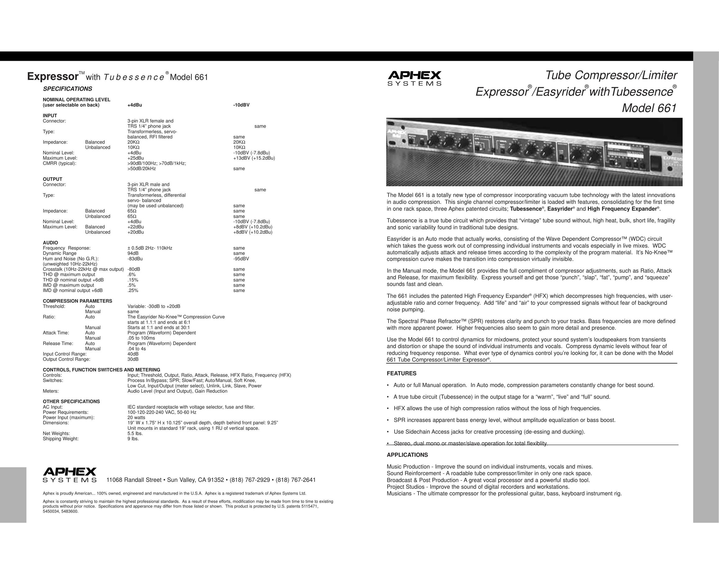 Aphex Systems 661 Stereo Amplifier User Manual