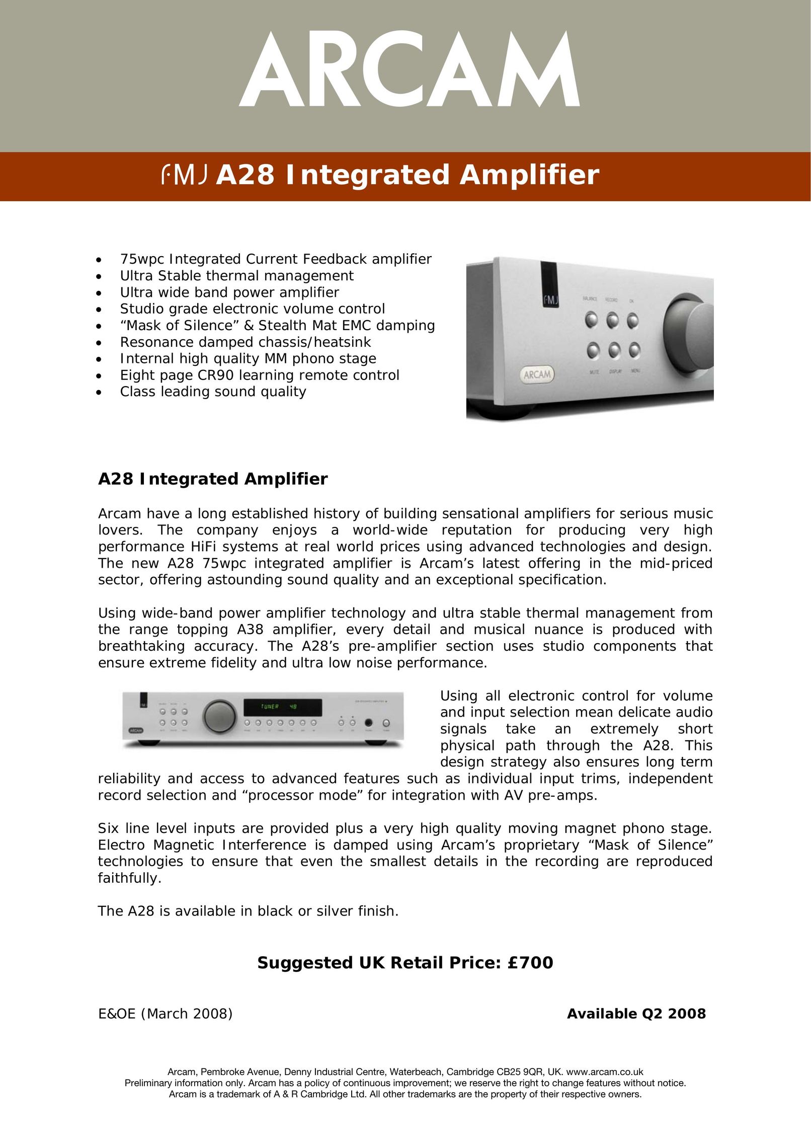 Arcam A28 Stereo Amplifier User Manual