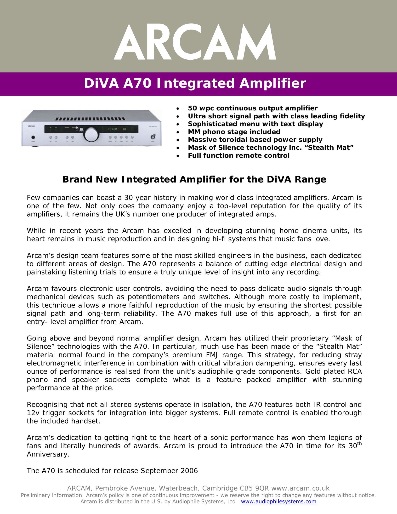 Arcam DiVA A70 Stereo Amplifier User Manual