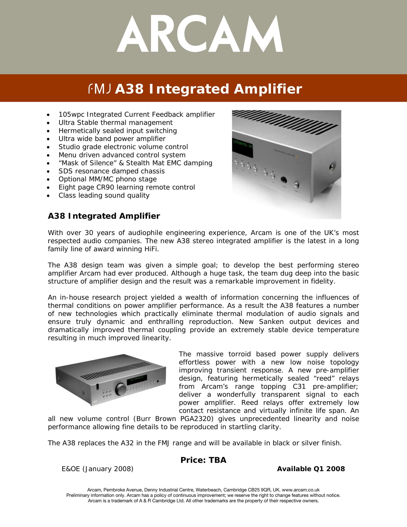 Arcam FMJA38 Stereo Amplifier User Manual