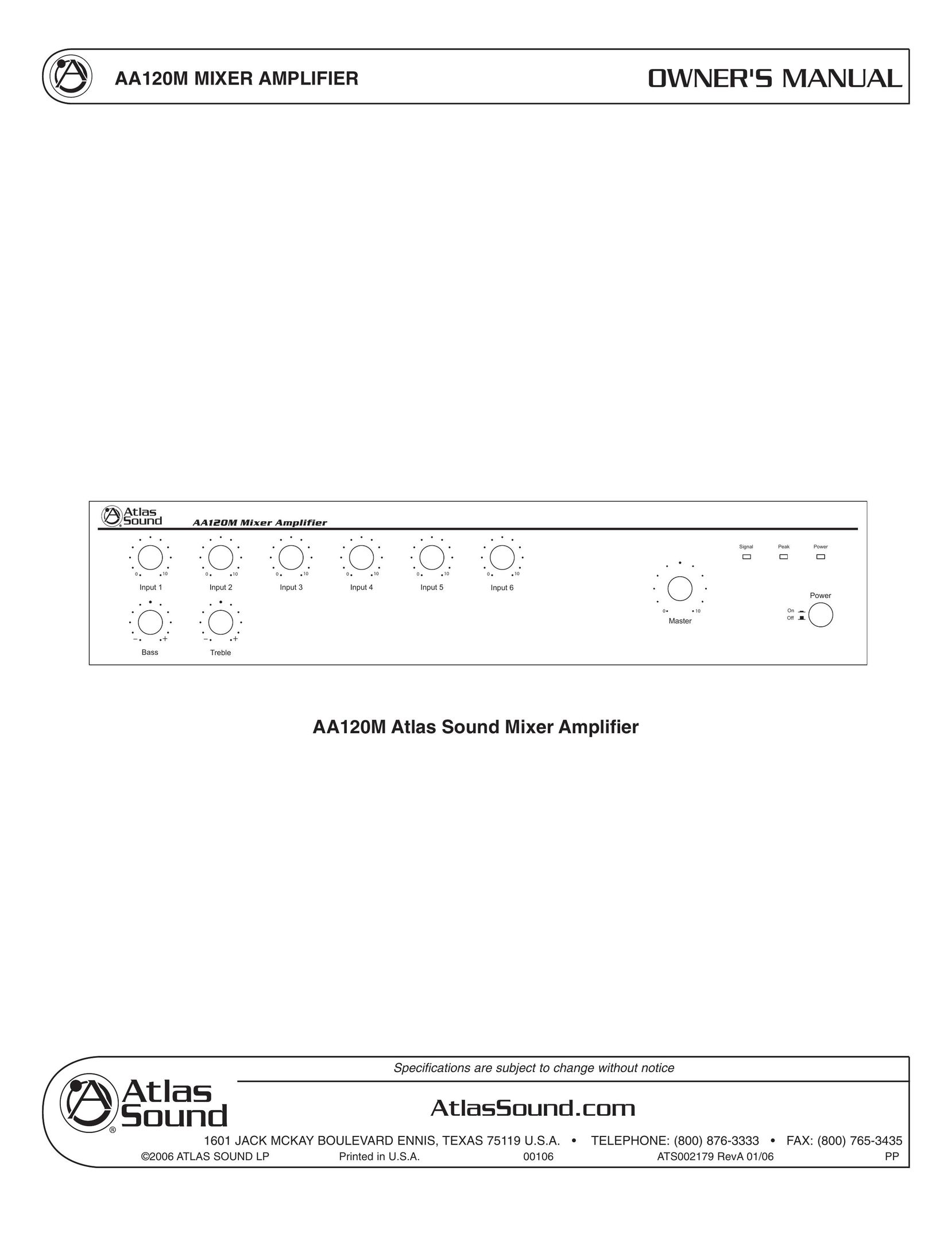 Atlas Sound AA120M Stereo Amplifier User Manual