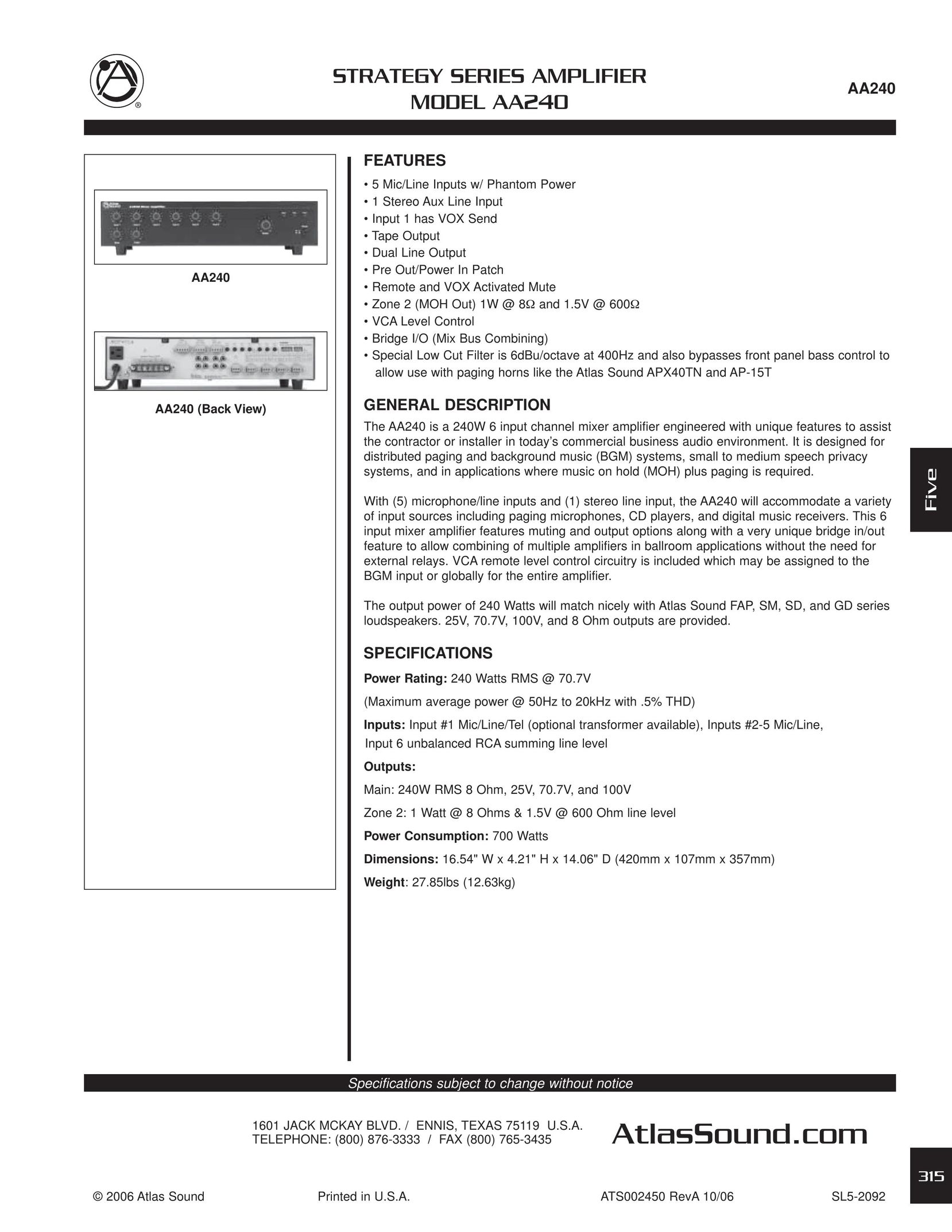 Atlas Sound AA240 Stereo Amplifier User Manual
