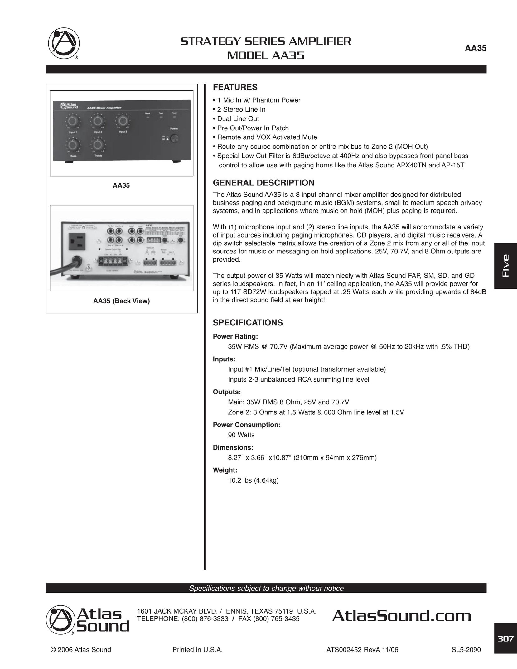 Atlas Sound AA35 Stereo Amplifier User Manual