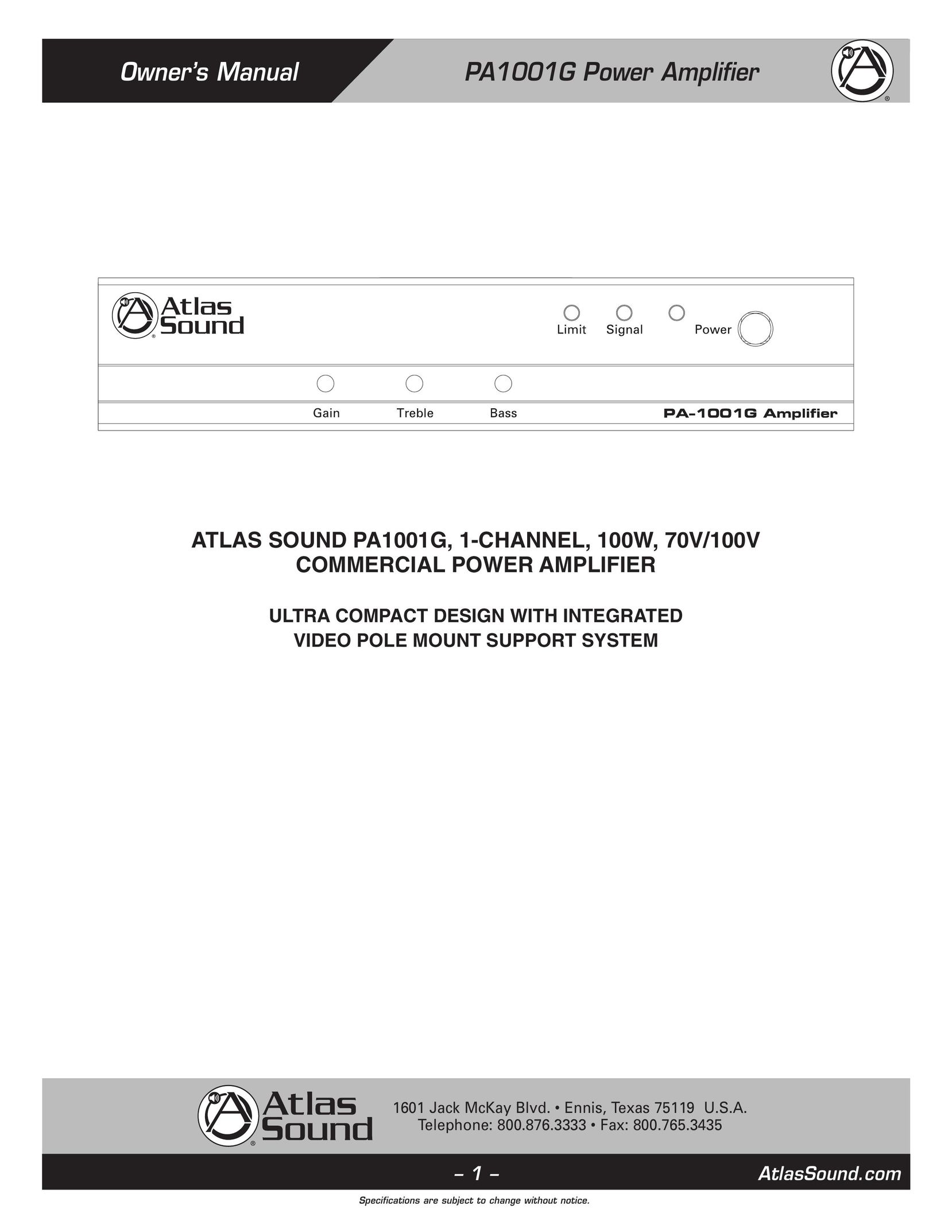 Atlas Sound PA1001G Stereo Amplifier User Manual