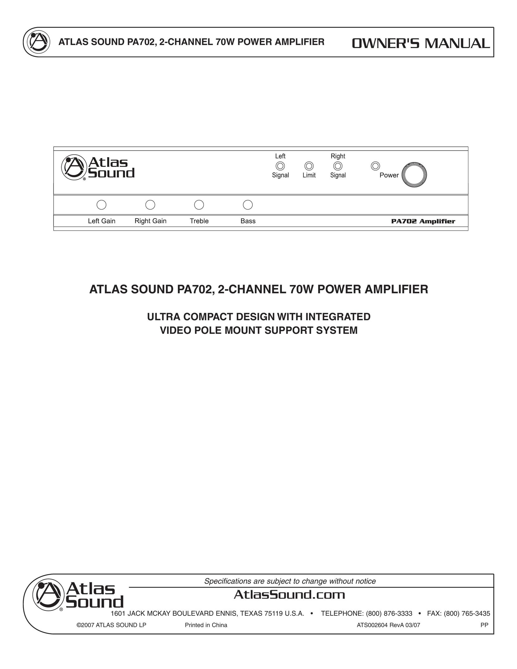 Atlas Sound PA702 Stereo Amplifier User Manual