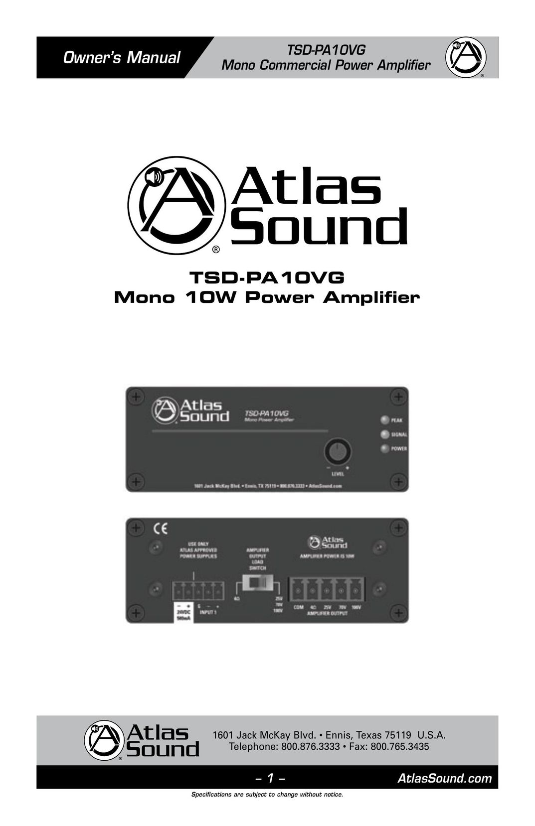 Atlas Sound TSD-PA10VG Stereo Amplifier User Manual